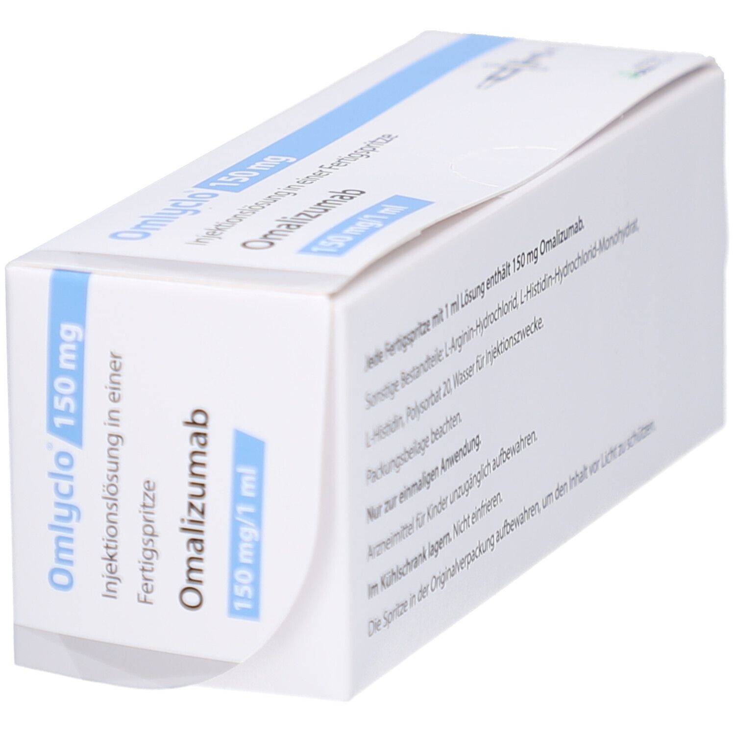 OMLYCLO 150 mg Injektionslösung in Fertigspr. Omalizumab. Weiße Verpackung mit blauen Akzenten. Schräge Ansicht.