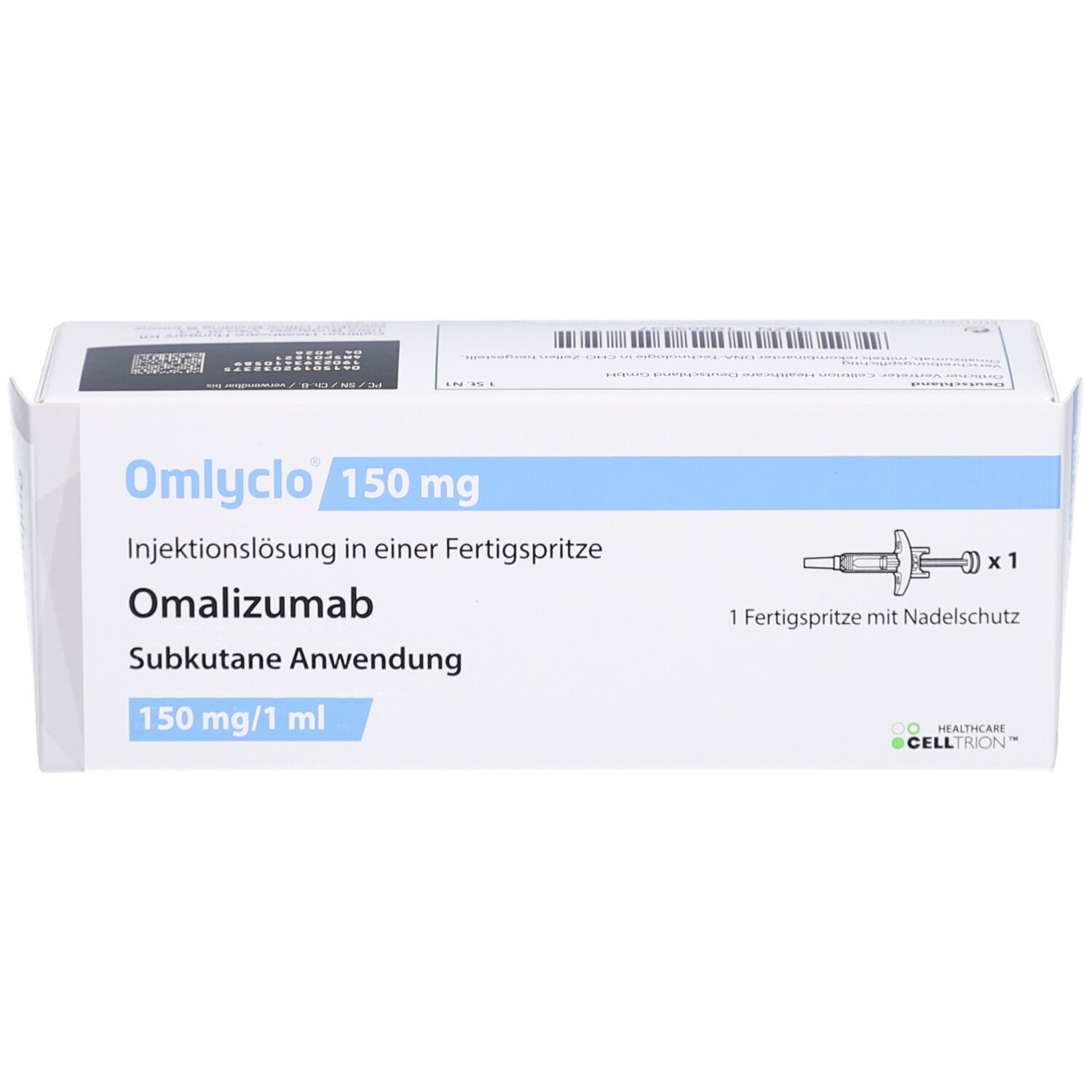 OMLYCLO 150 mg Injektionslösung in Fertigspr. Omalizumab. Packung mit Fertigspritze und Nadelschutz. Draufsicht.