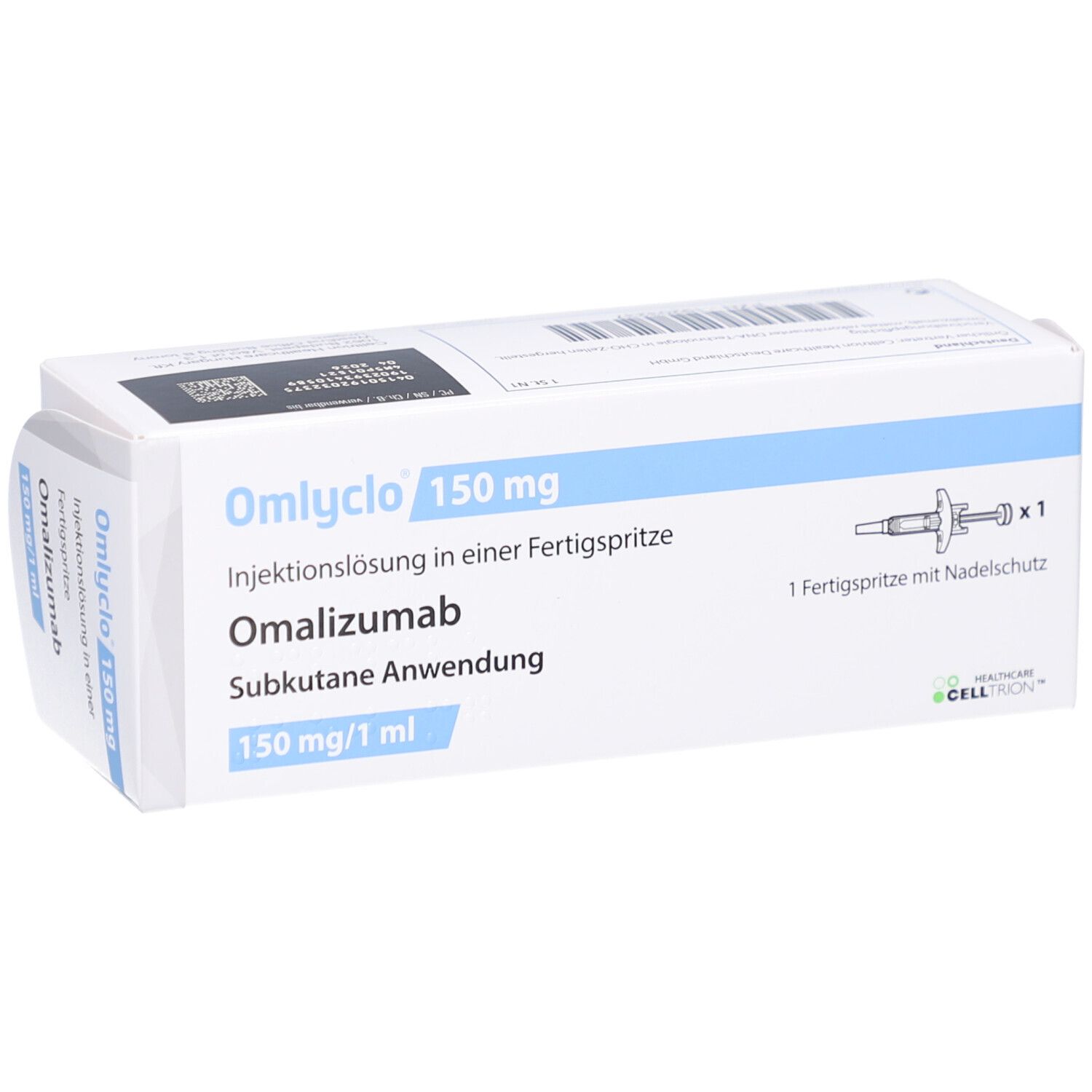 OMLYCLO 150 mg Injektionslösung in Fertigspr. Omalizumab. Packung mit Fertigspritze und Nadelschutz. Draufsicht.