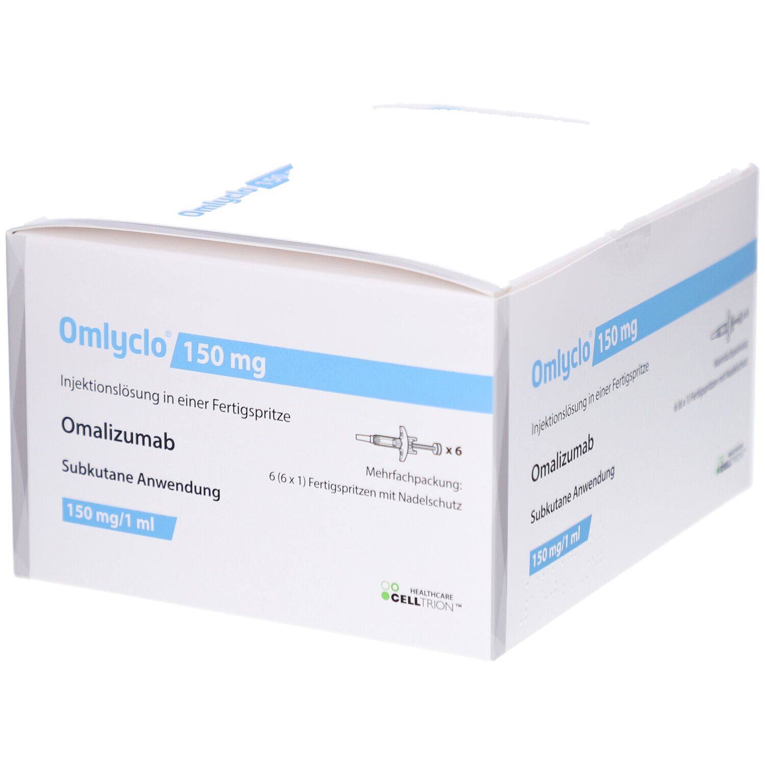 Weiße Verpackung von OMLYCLO 150 mg. Blaue Akzente. Enthält 6 Fertigspritzen. Text: Omalizumab, subkutane Anwendung.