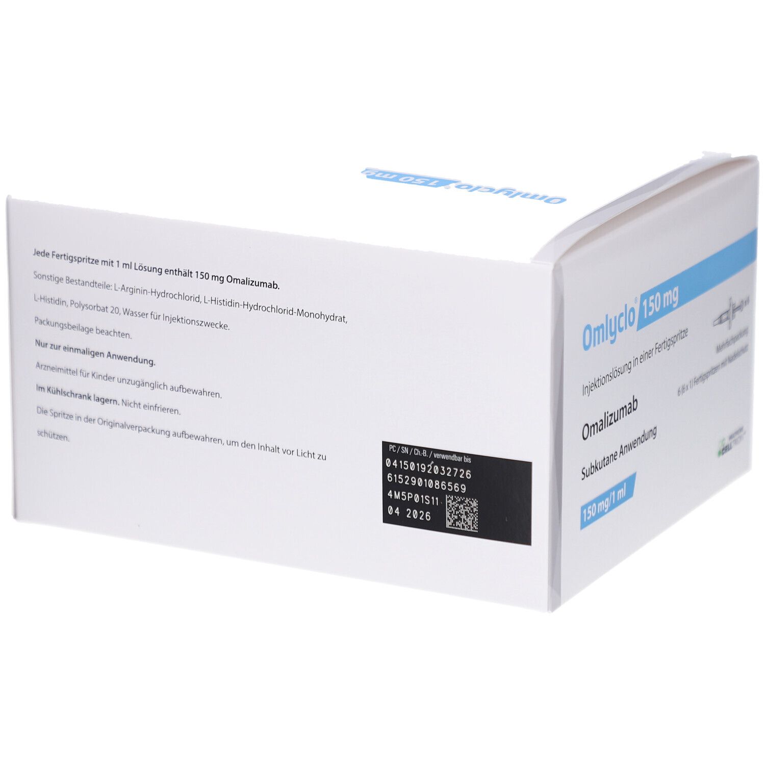 Rückseite der weißen OMLYCLO 150 mg Verpackung. Text: Omalizumab, subkutane Anwendung. Barcode und weitere Informationen.