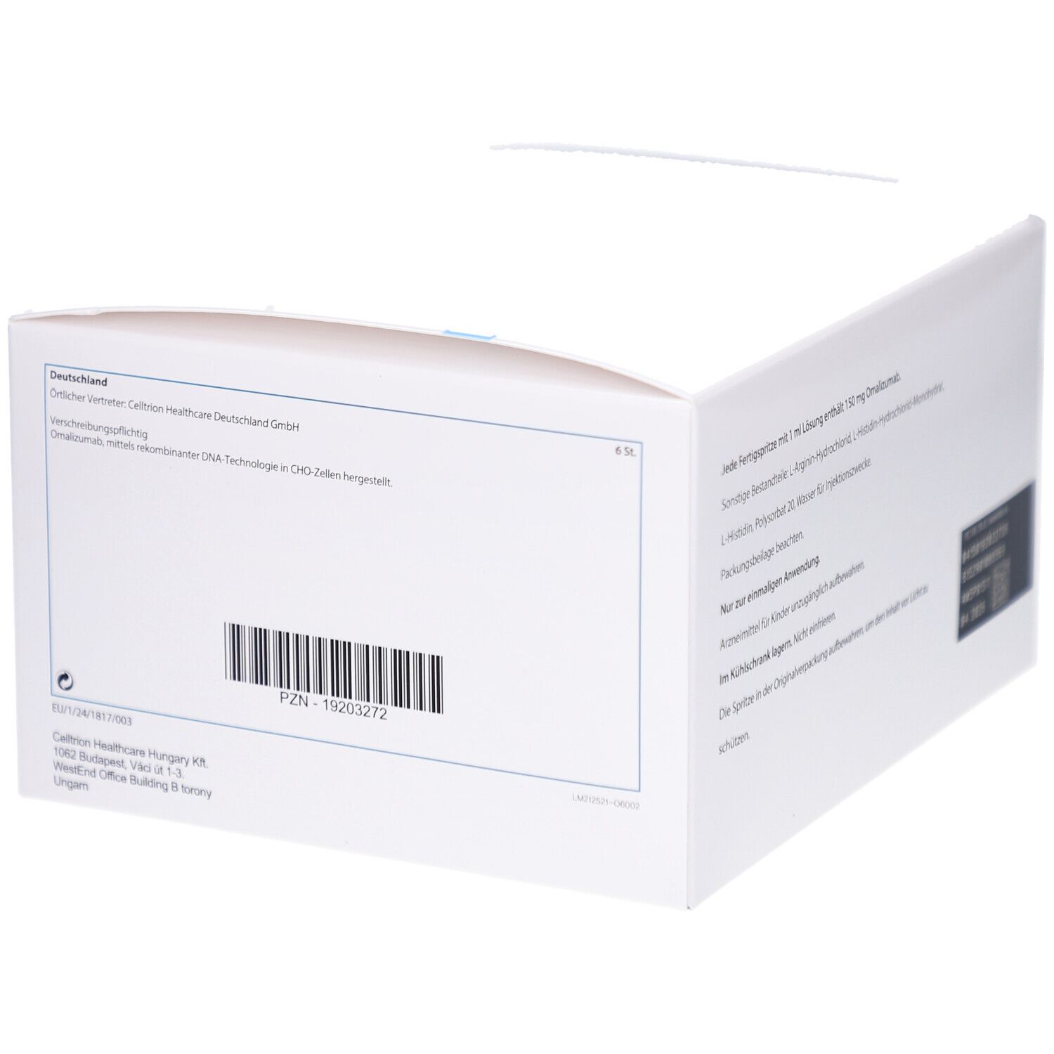 Rückseite der weißen OMLYCLO 150 mg Verpackung. Text: Herstellerinformationen, Barcode und PZN-Nummer.