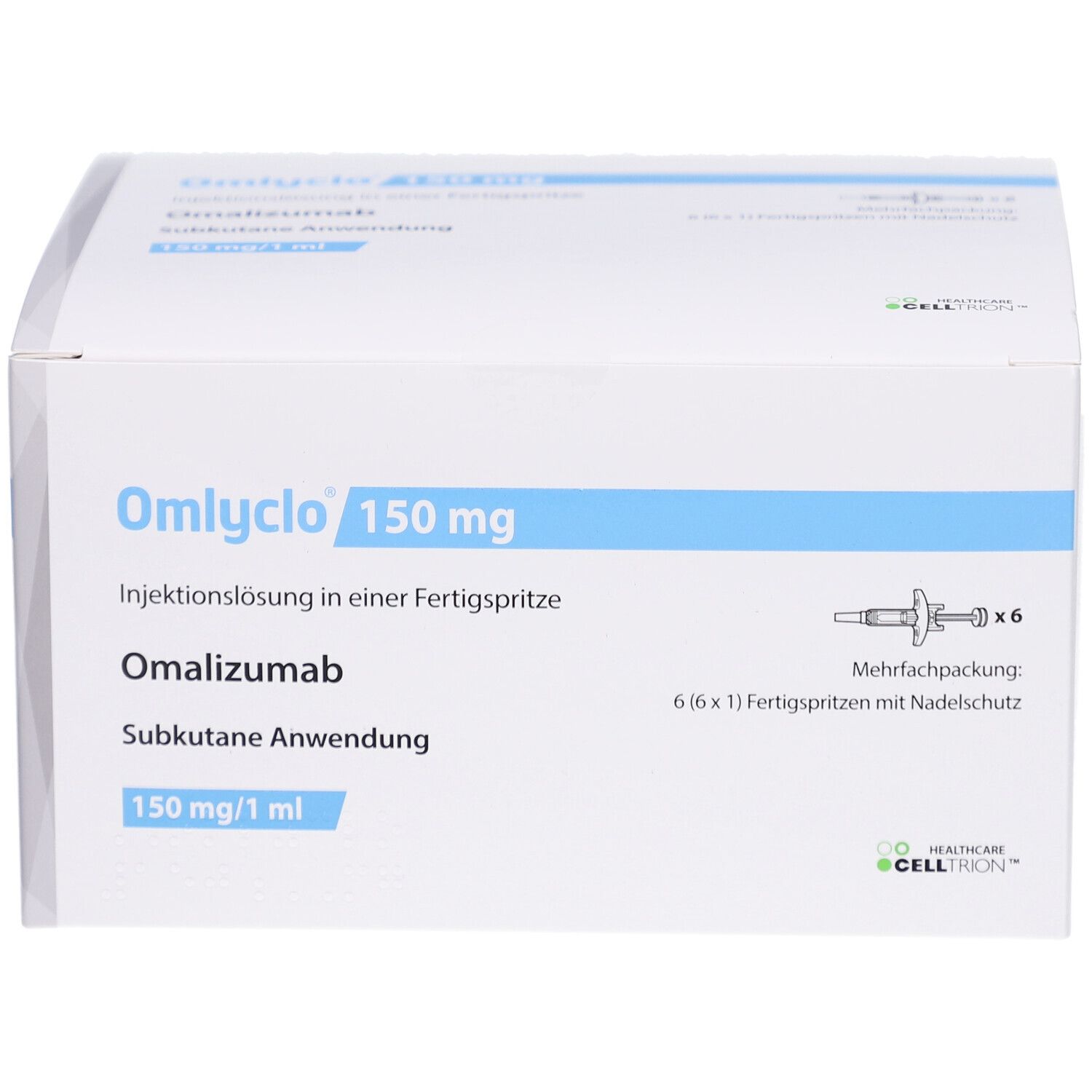 Weiße OMLYCLO 150 mg Verpackung. Blaue Akzente. Enthält 6 Fertigspritzen. Text: Omalizumab, subkutane Anwendung.