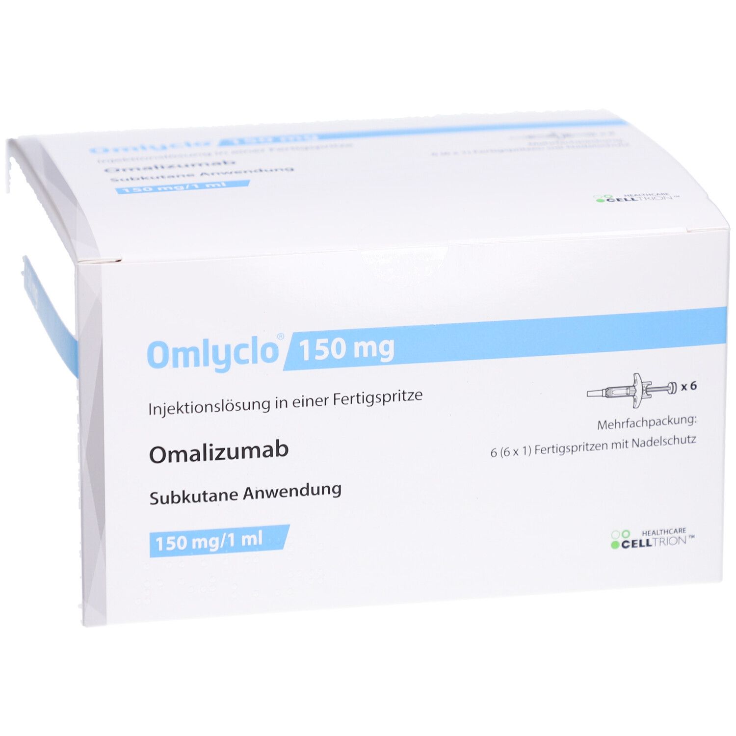 Weiße OMLYCLO 150 mg Verpackung. Blaue Akzente. Enthält 6 Fertigspritzen. Text: Omalizumab, subkutane Anwendung.
