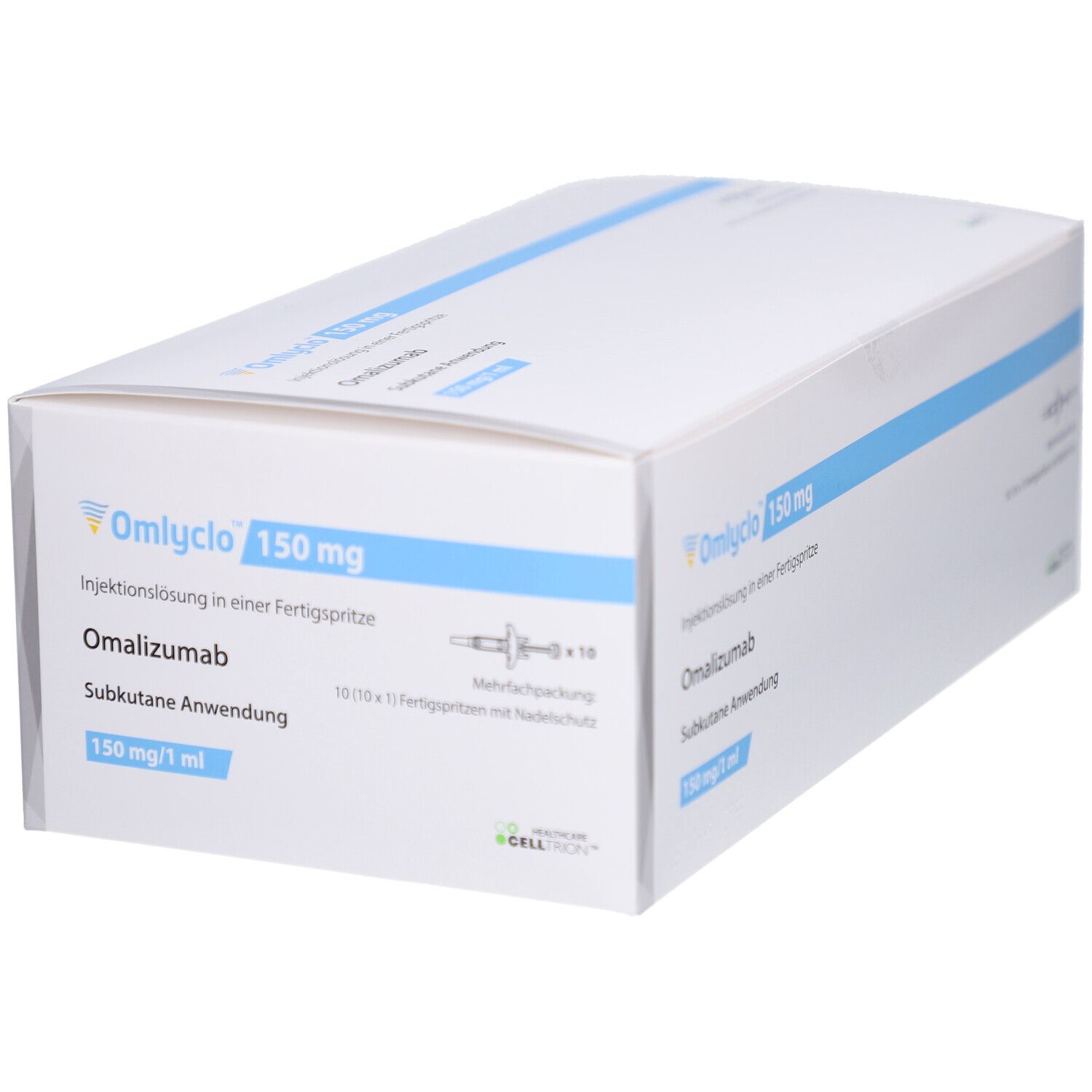 Weiße Verpackung mit blauer Schrift. OMLYCLO 150 mg, Injektionslösung, Omalizumab. Subkutane Anwendung. Mehrfachpackung.