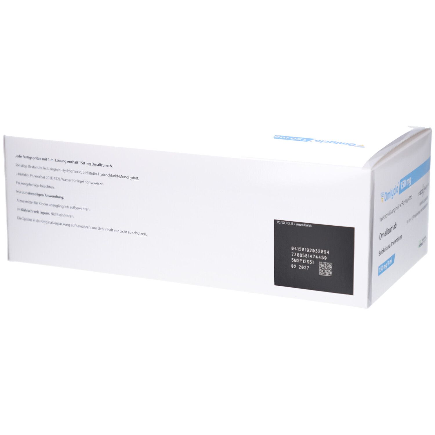 Weiße Verpackung mit Text und Barcode. Enthält Informationen zur Injektionslösung OMLYCLO 150 mg. Rückseite mit Text und Barcode.