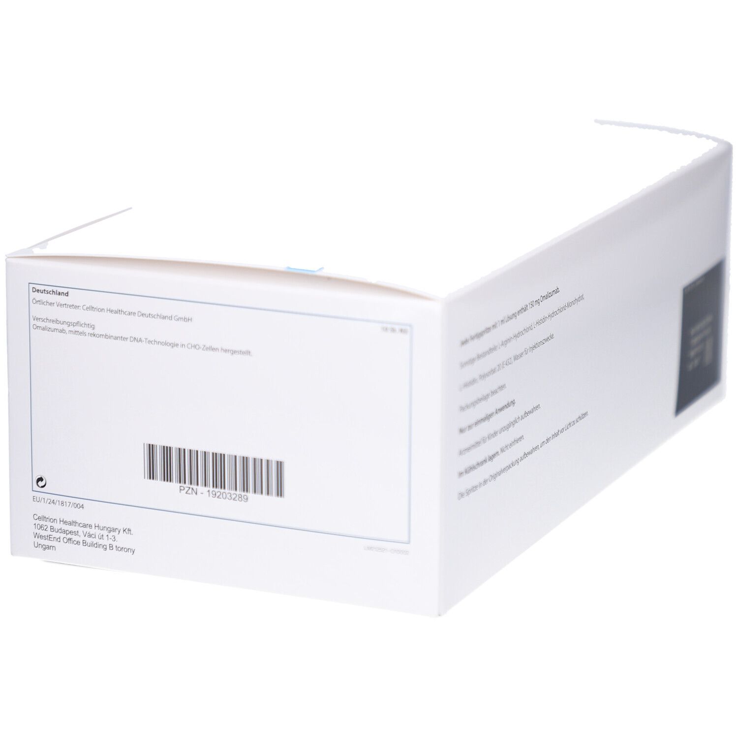 Weiße Verpackung mit Barcode und Text. Enthält Informationen zum Hersteller. Rückseite mit Barcode und Text.