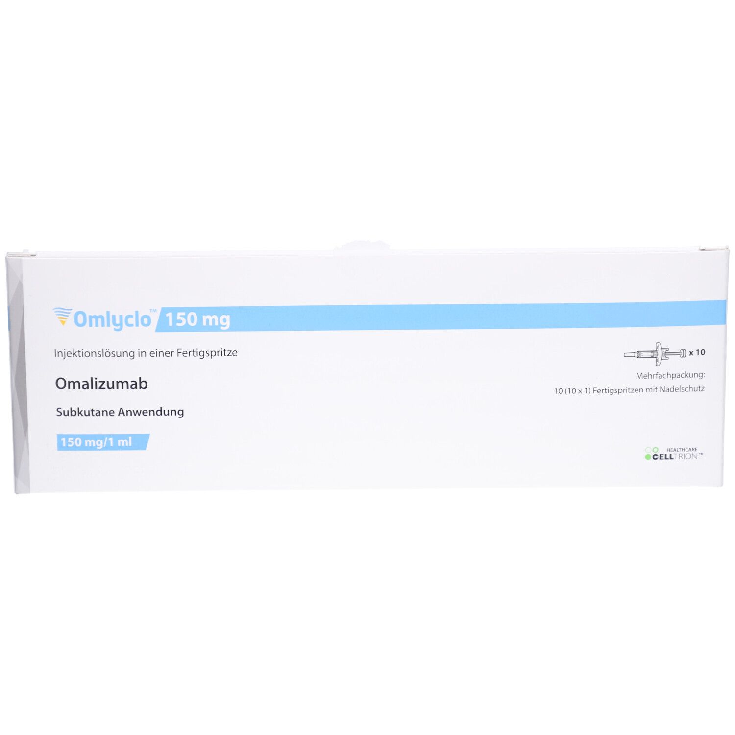 Weiße Verpackung mit blauer Schrift. OMLYCLO 150 mg, Injektionslösung, Omalizumab. 10 Fertigspritzen. Subkutane Anwendung.