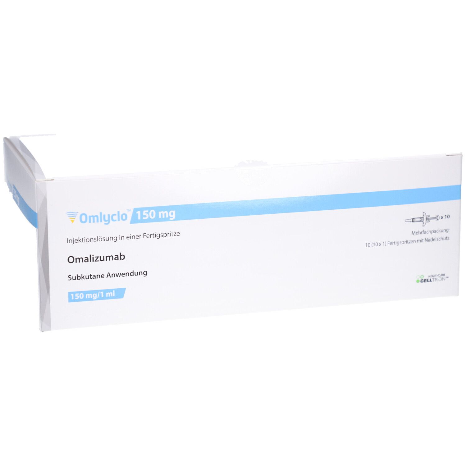 Weiße Verpackung mit blauer Schrift. OMLYCLO 150 mg, Injektionslösung, Omalizumab. Subkutane Anwendung. Mehrfachpackung.