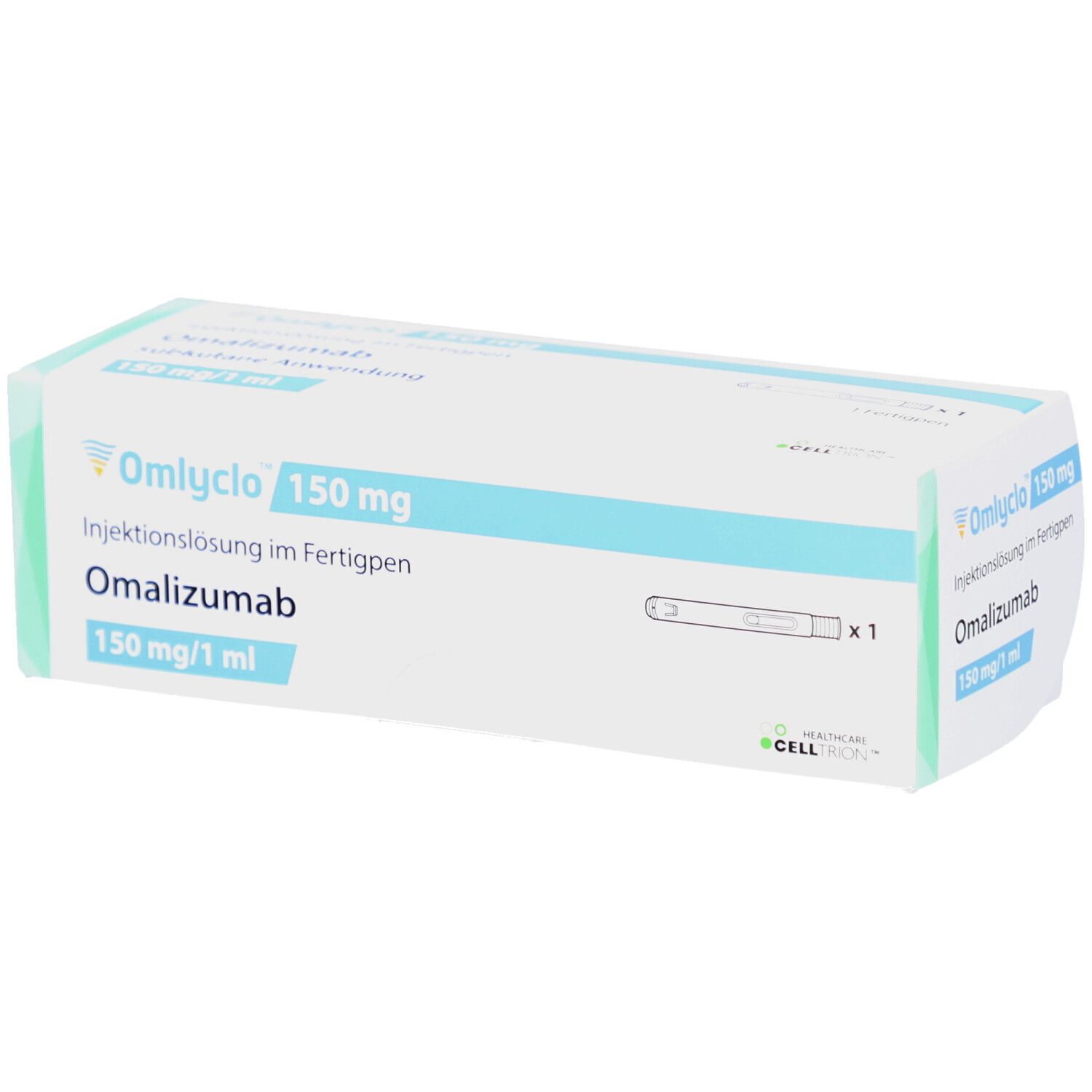 OMLYCLO 150 mg Injektionslösung im Fertigpen. Weiße Schachtel mit blauen Akzenten. Text: Omalizumab, 150 mg/1 ml.
