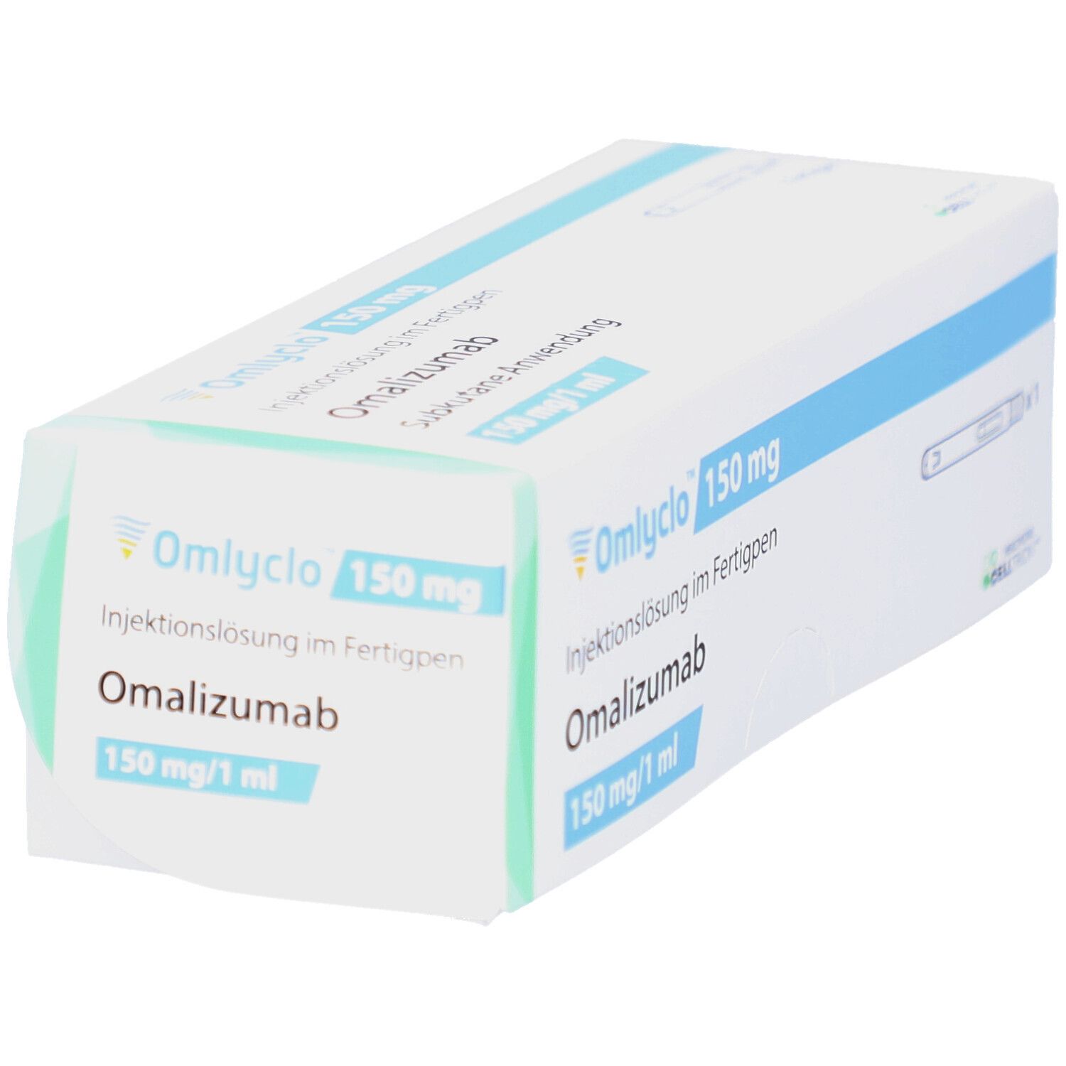 OMLYCLO 150 mg Injektionslösung im Fertigpen. Weiße Schachtel mit blauen Akzenten. Text: Omalizumab, 150 mg/1 ml.