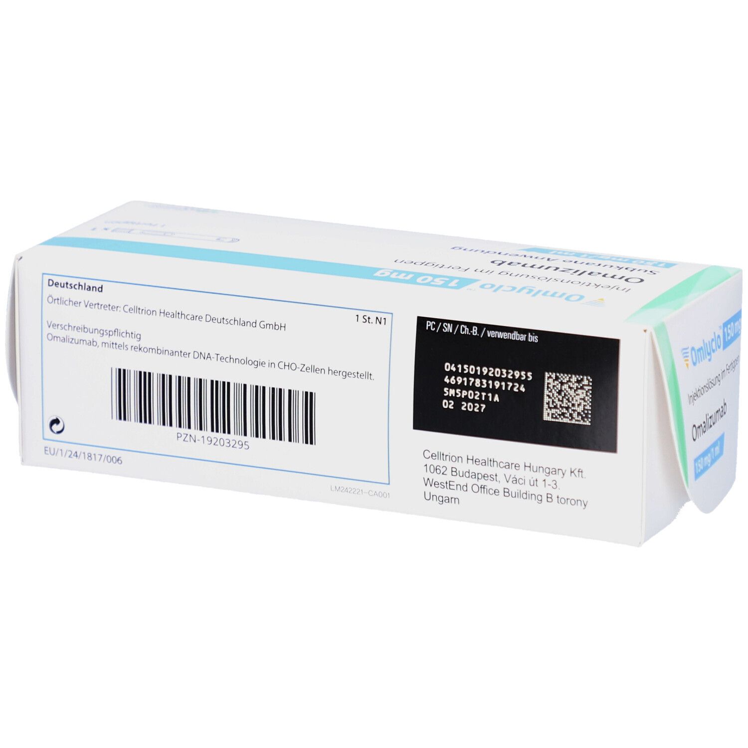Rückseite der OMLYCLO 150 mg Verpackung. Text: Omalizumab, Chargennummer, Herstellerinformationen, Barcode.