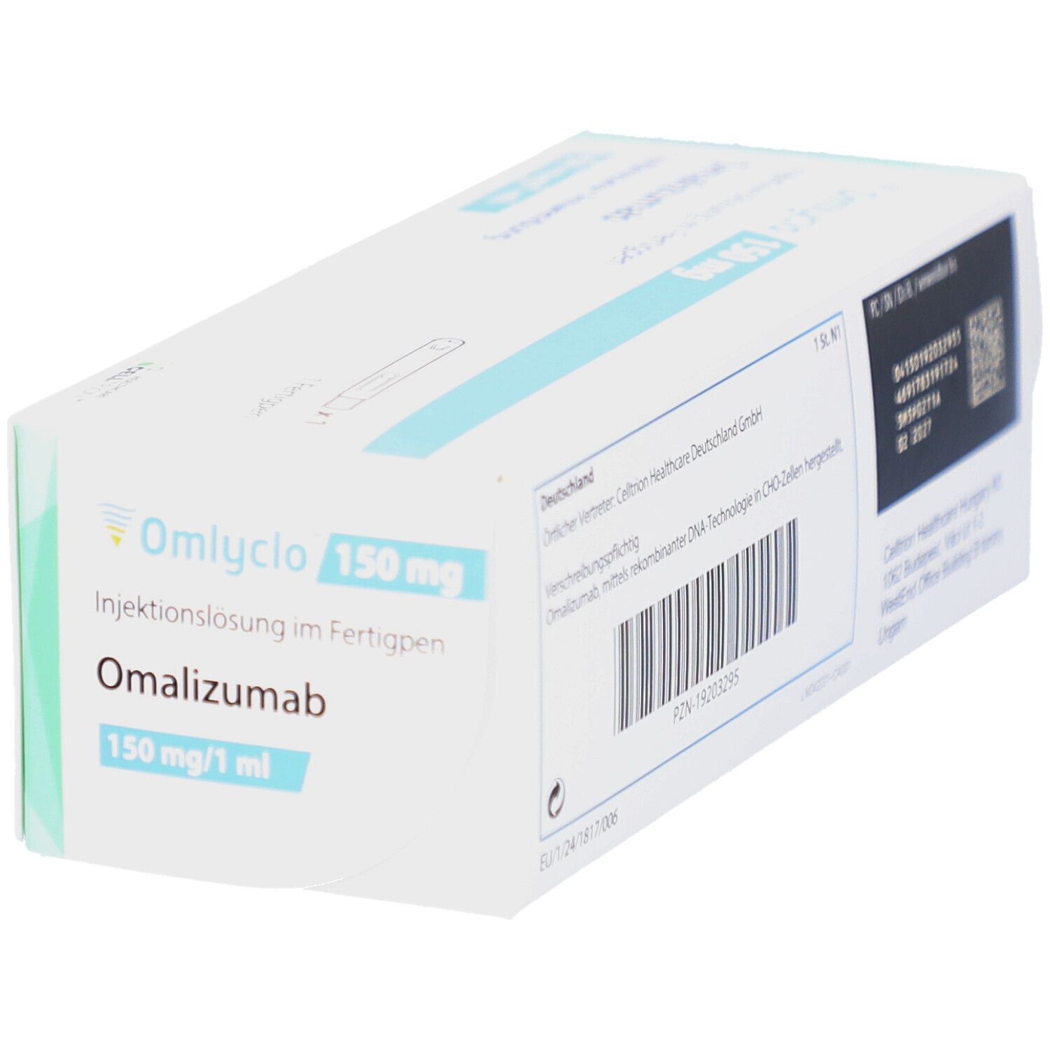 OMLYCLO 150 mg Injektionslösung im Fertigpen. Weiße Schachtel mit blauen Akzenten. Text: Omalizumab, 150 mg/1 ml.