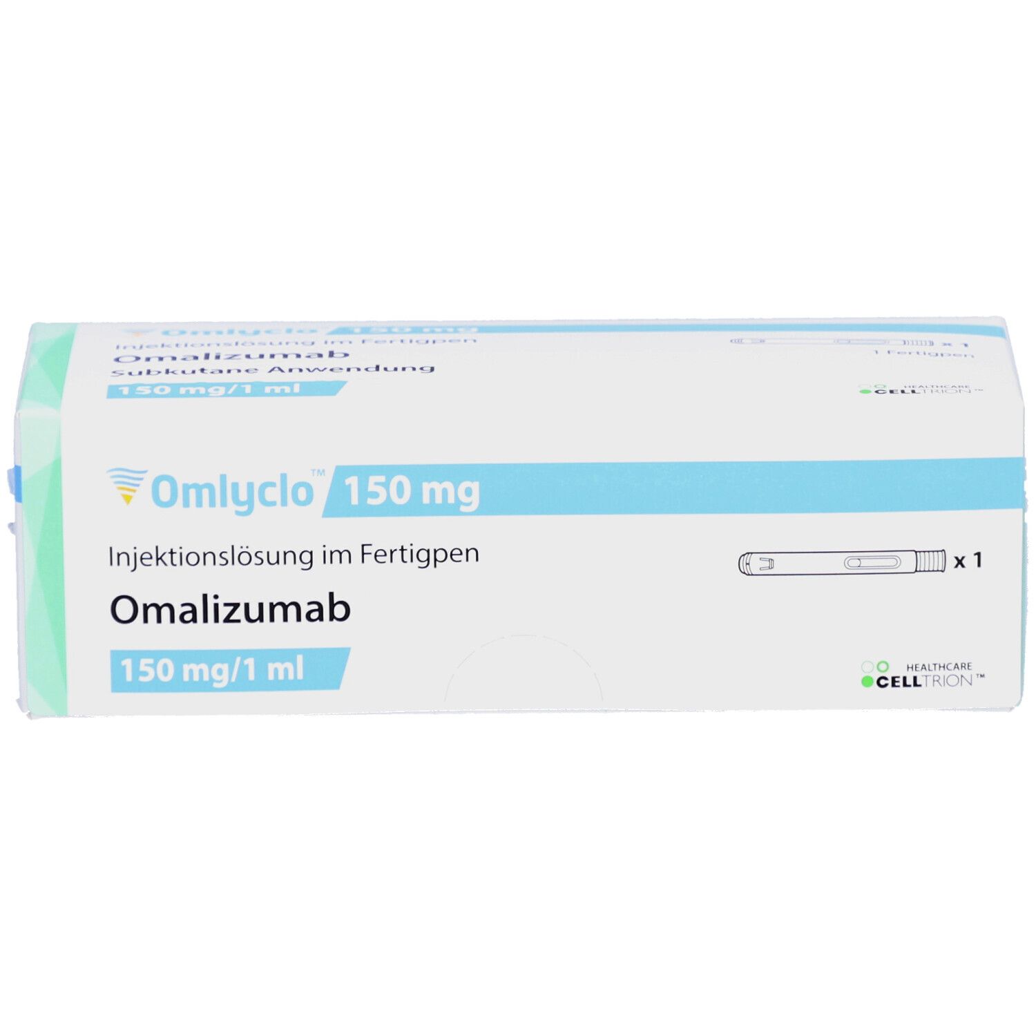 OMLYCLO 150 mg Injektionslösung im Fertigpen. Weiße Schachtel mit blauen Akzenten. Text: Omalizumab, 150 mg/1 ml.