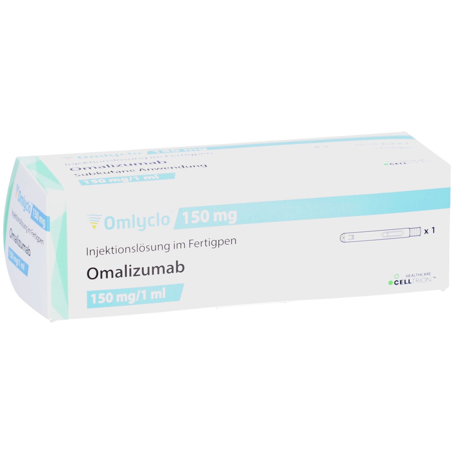 OMLYCLO 150 mg Injektionslösung im Fertigpen. Weiße Schachtel mit blauen Akzenten. Text: Omalizumab, 150 mg/1 ml.