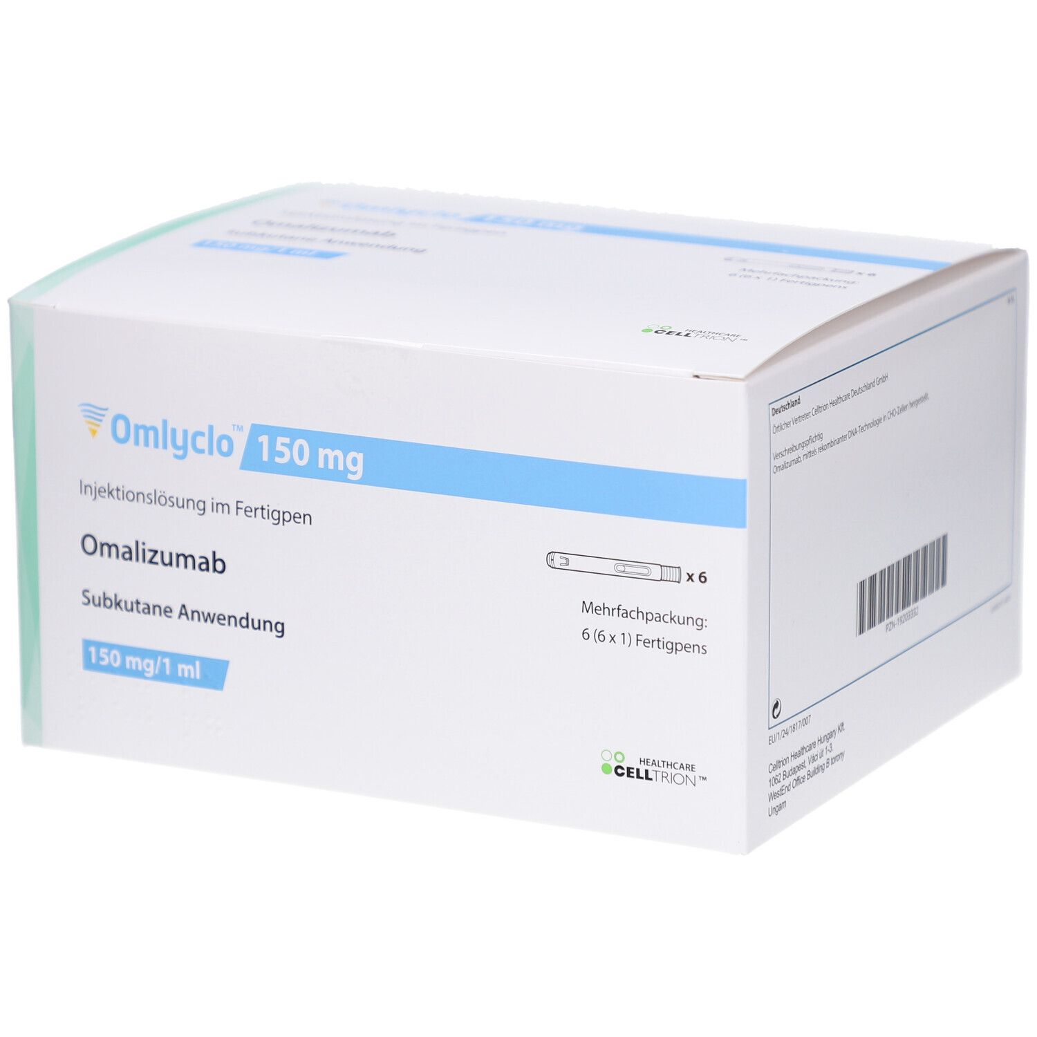 OMLYCLO 150 mg Injektionslösung im Fertigpen. Weiße Schachtel mit blauen Akzenten. Enthält 6 Fertigpens. Omalizumab, subkutane Anwendung.