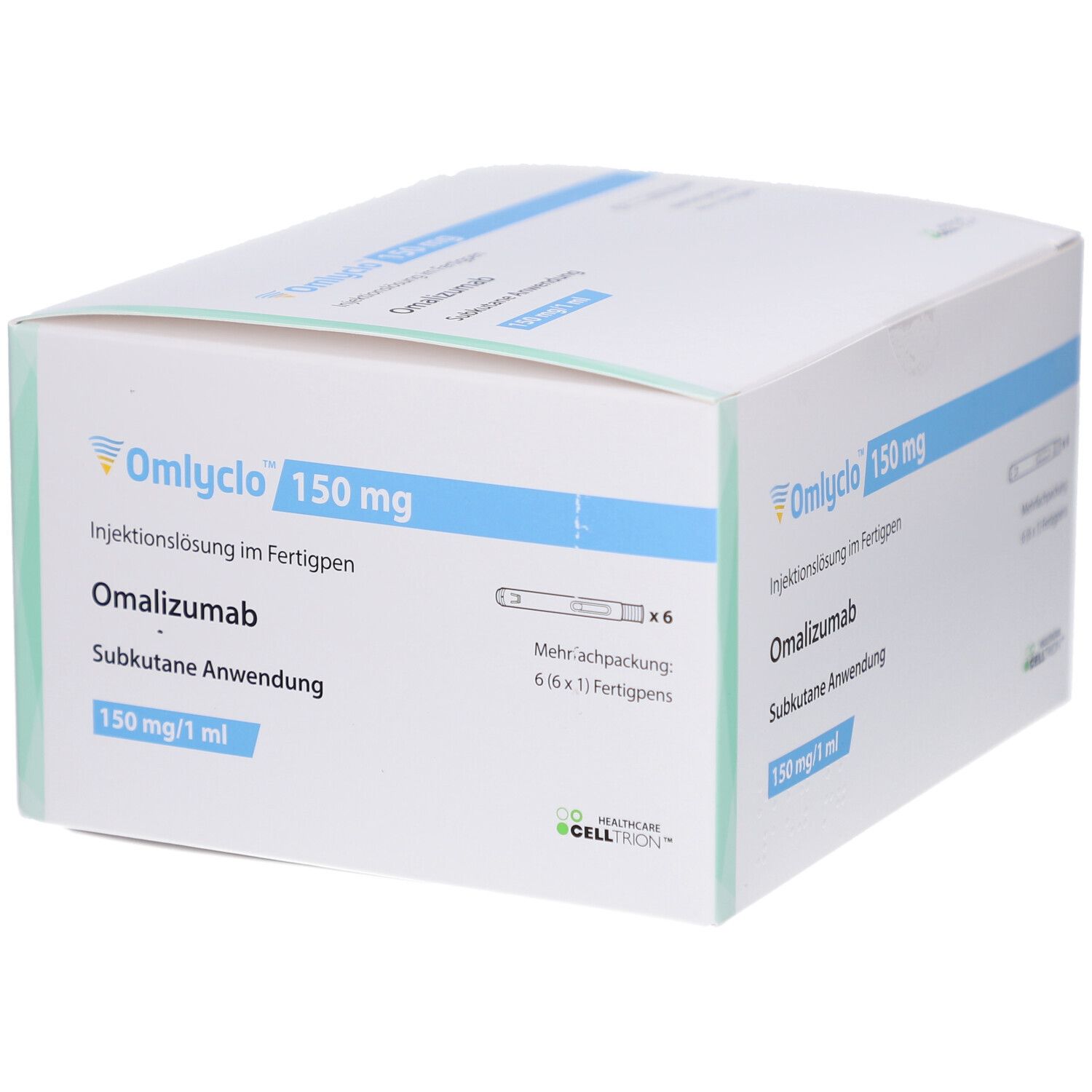 OMLYCLO 150 mg Injektionslösung im Fertigpen. Weiße Schachtel mit blauen Akzenten. Omalizumab, subkutane Anwendung. 6 Fertigpens.