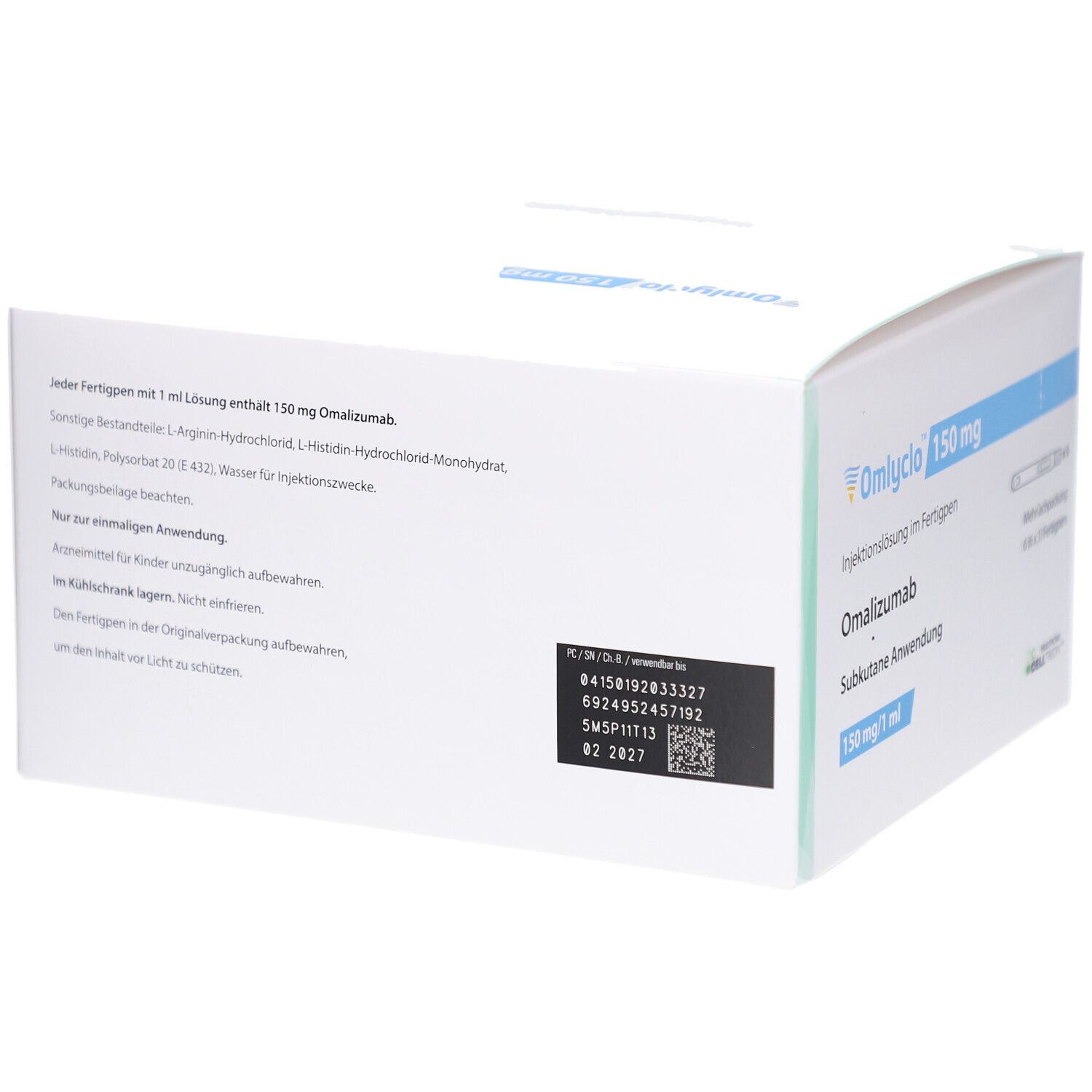 Rückseite der OMLYCLO 150 mg Verpackung. Enthält Informationen zu Inhaltsstoffen und Anwendung. Barcode und Chargennummer.