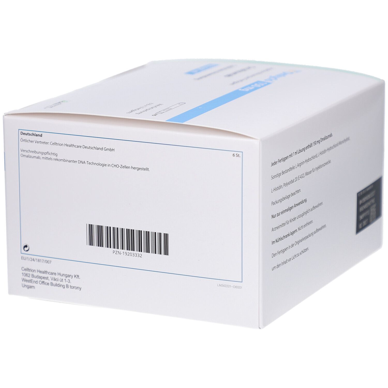 Seite der OMLYCLO 150 mg Verpackung. Informationen zum Hersteller und Barcode. PZN-Nummer.