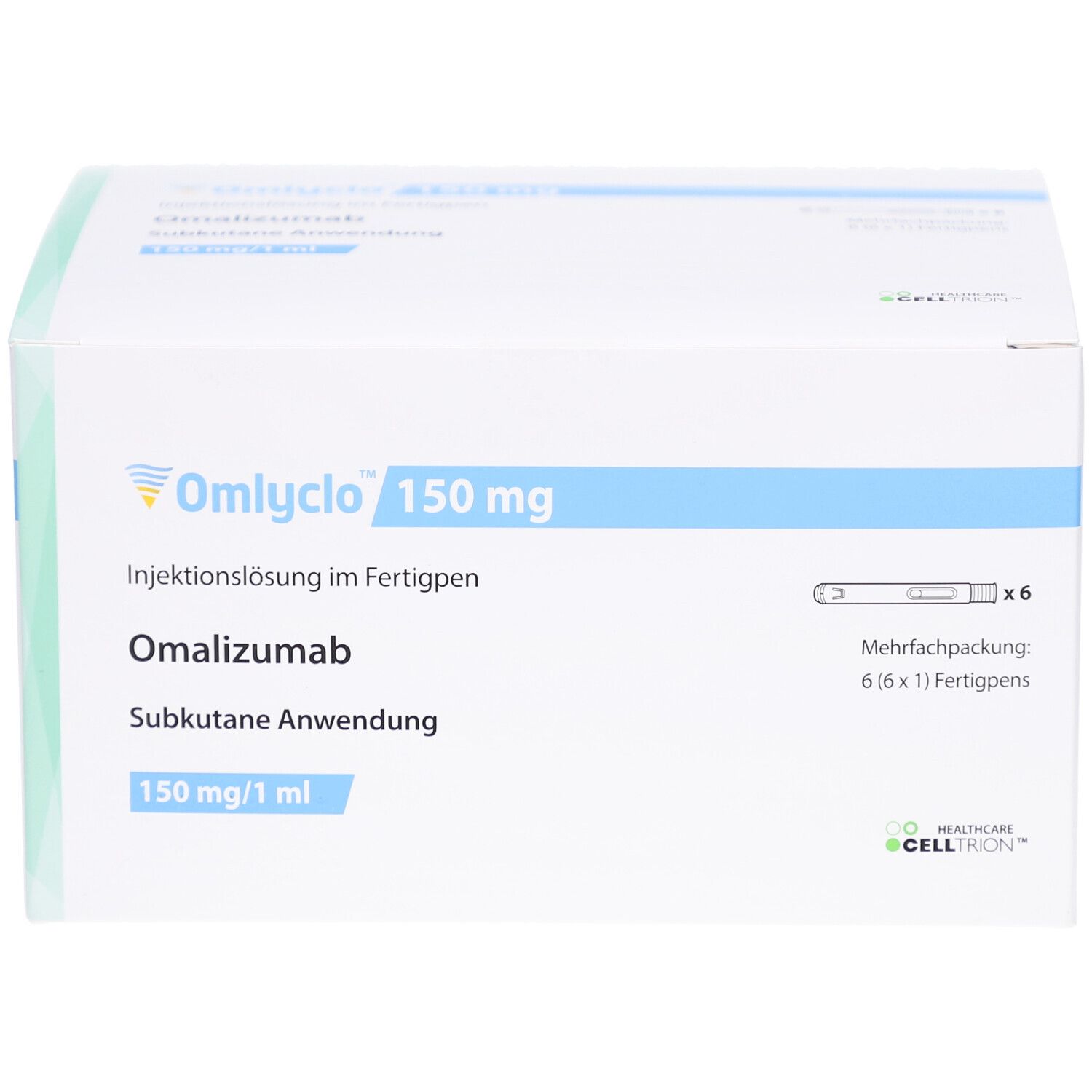 OMLYCLO 150 mg Injektionslösung im Fertigpen. Weiße Schachtel mit blauen Akzenten. 6 Fertigpens. Omalizumab, subkutane Anwendung.