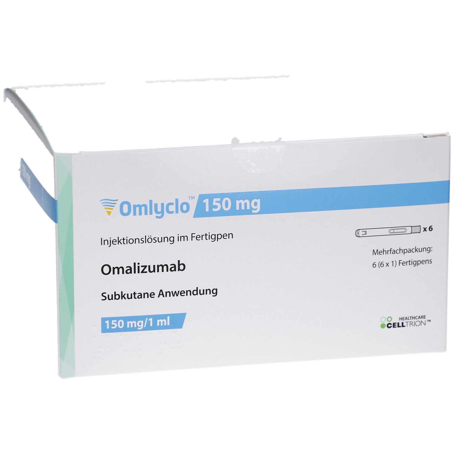 OMLYCLO 150 mg Injektionslösung im Fertigpen. Weiße Schachtel mit blauen Akzenten. 6 Fertigpens. Omalizumab, subkutane Anwendung.