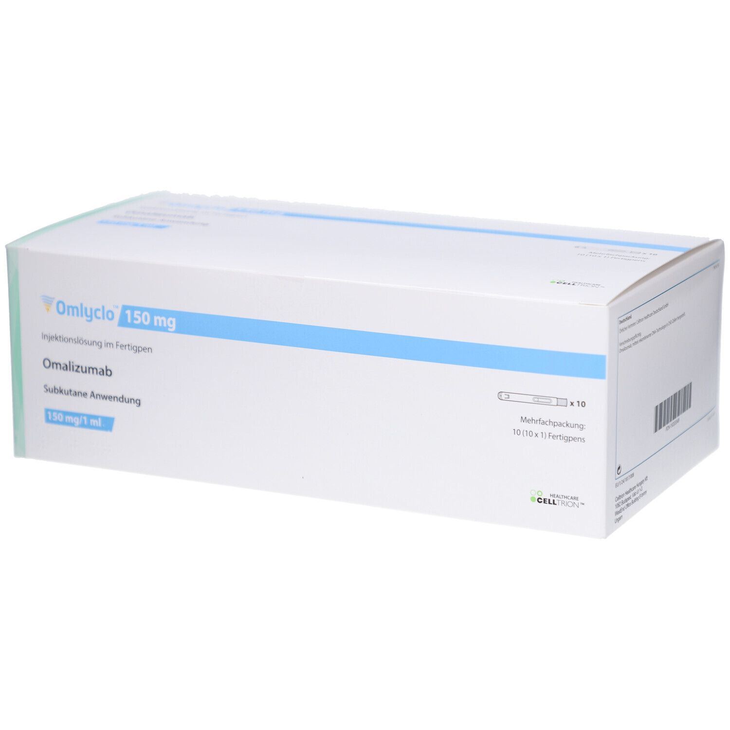 Weiße Produktverpackung mit blauen Akzenten. Beschriftung: OMLYCLO 150 mg, Injektionslösung im Fertigpen, Omalizumab. 10 Fertigpens.