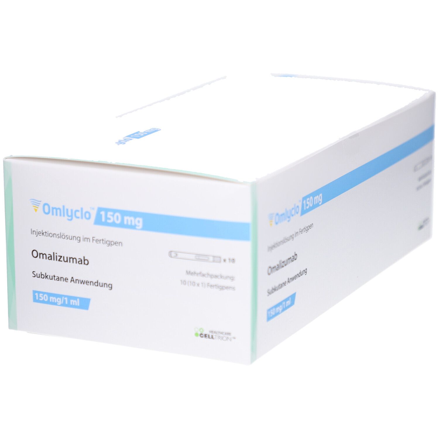 Weiße Produktverpackung mit blauen Akzenten. Beschriftung: OMLYCLO 150 mg, Injektionslösung im Fertigpen, Omalizumab. Eckansicht.