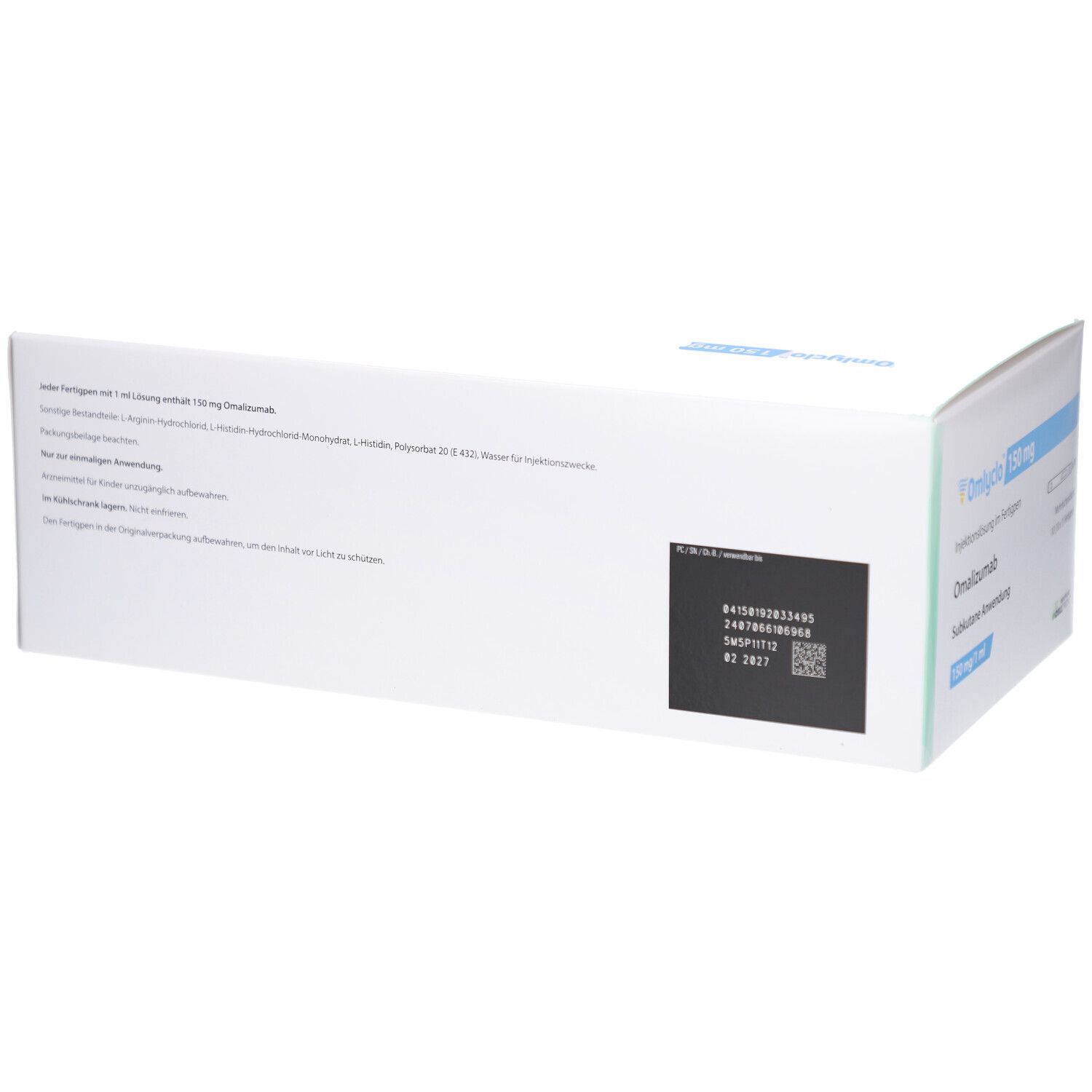 Rückseite der weißen Produktverpackung. Textinformationen und Barcode. Herstellerinformationen und Chargennummer.