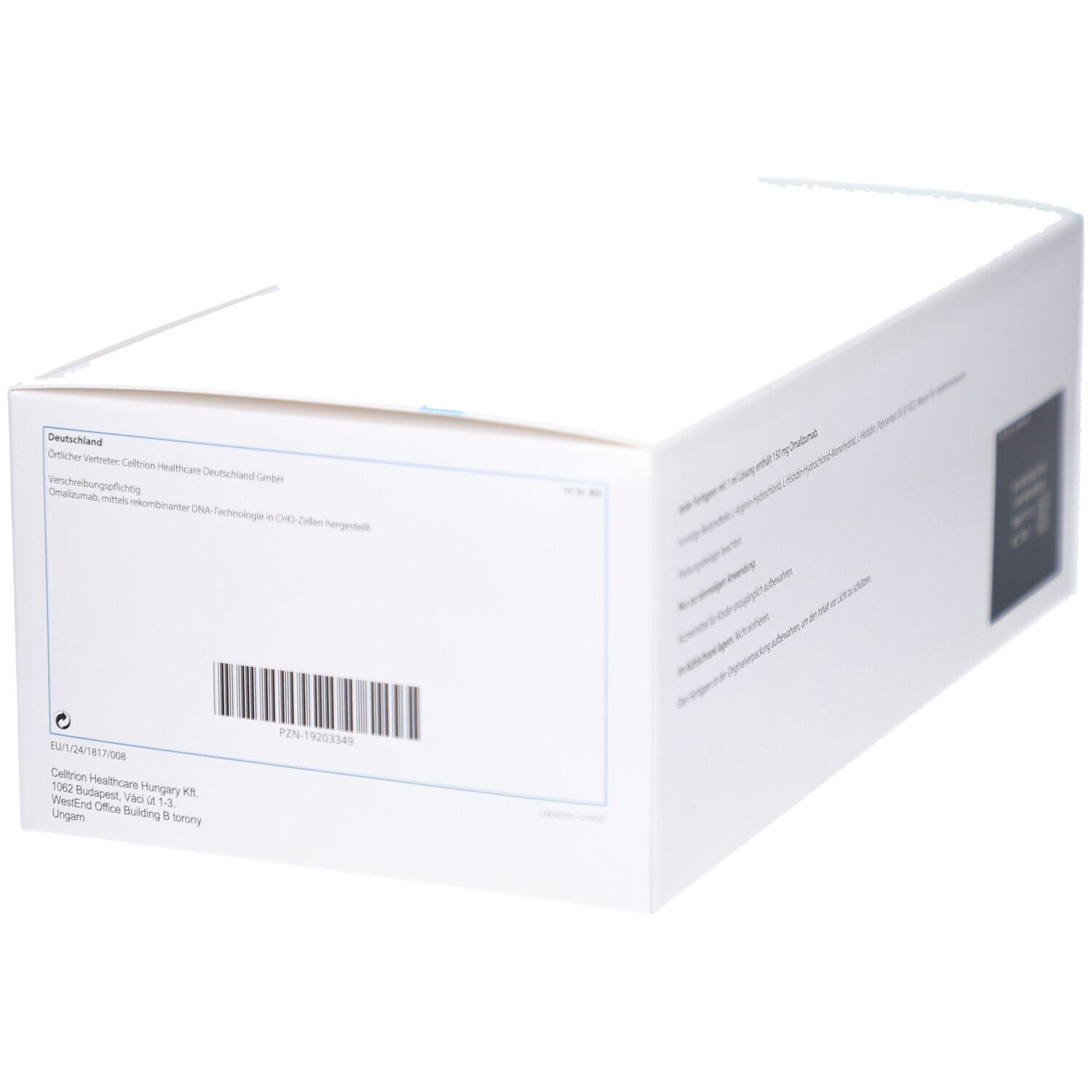 Rückseite der weißen Produktverpackung. Barcode und Herstellerinformationen. Adressinformationen und Logo.
