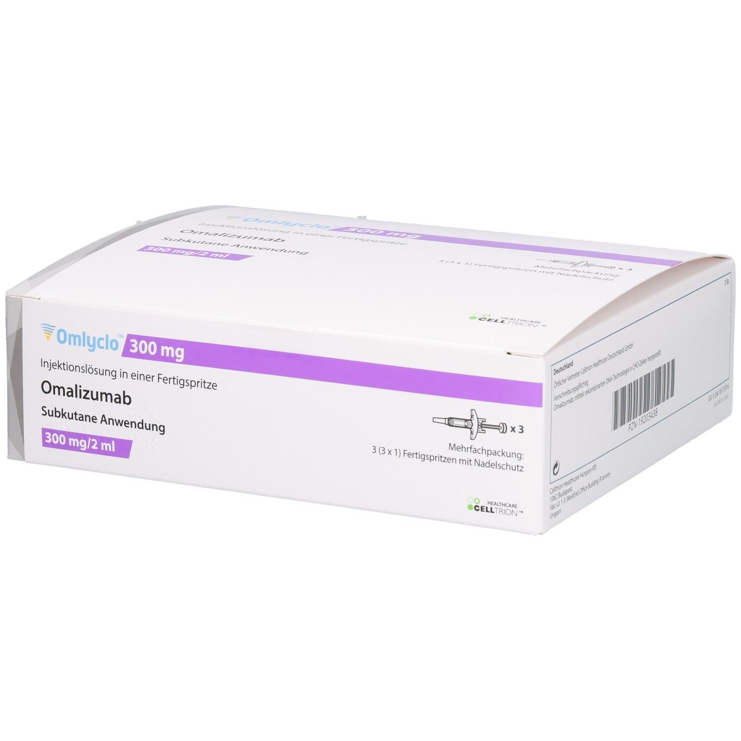 OMLYCLO 300 mg Injektionslösung in Fertigspritze. Weiße Schachtel mit lila Akzenten. Enthält 3 Fertigspritzen.
