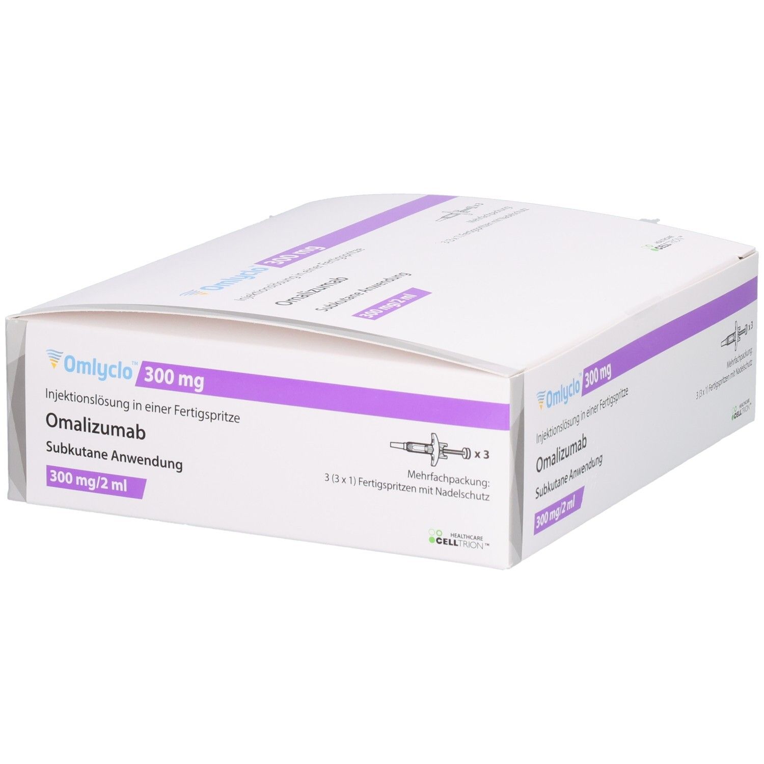 OMLYCLO 300 mg Injektionslösung in Fertigspritze. Weiße Schachtel mit lila Akzenten. Produktname und Dosierung.