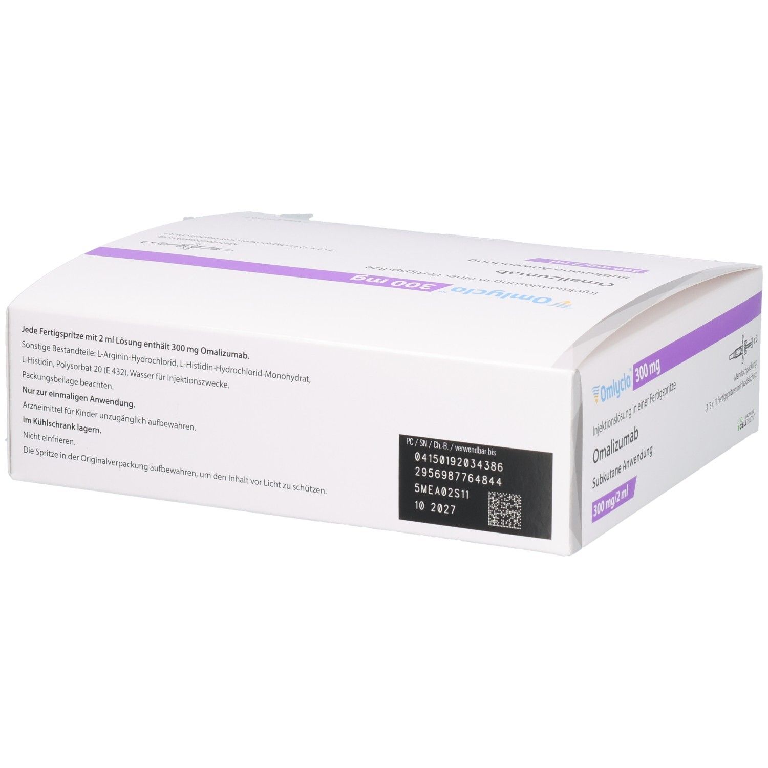 Rückseite der OMLYCLO 300 mg Verpackung. Enthält Informationen zu Inhaltsstoffen, Chargennummer und Verfallsdatum.
