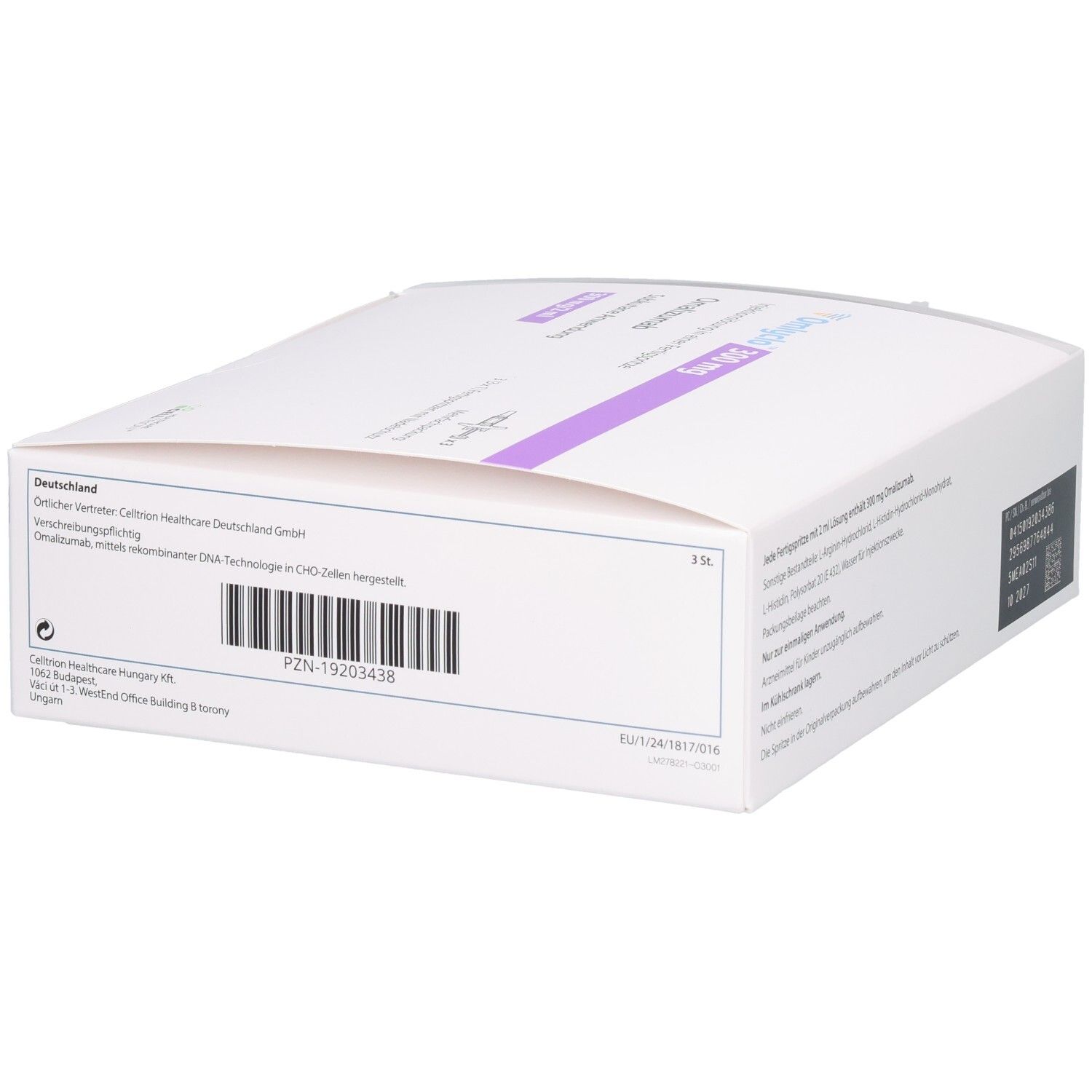 Oberseite der OMLYCLO 300 mg Verpackung. Enthält Informationen zum Hersteller und PZN-Nummer.