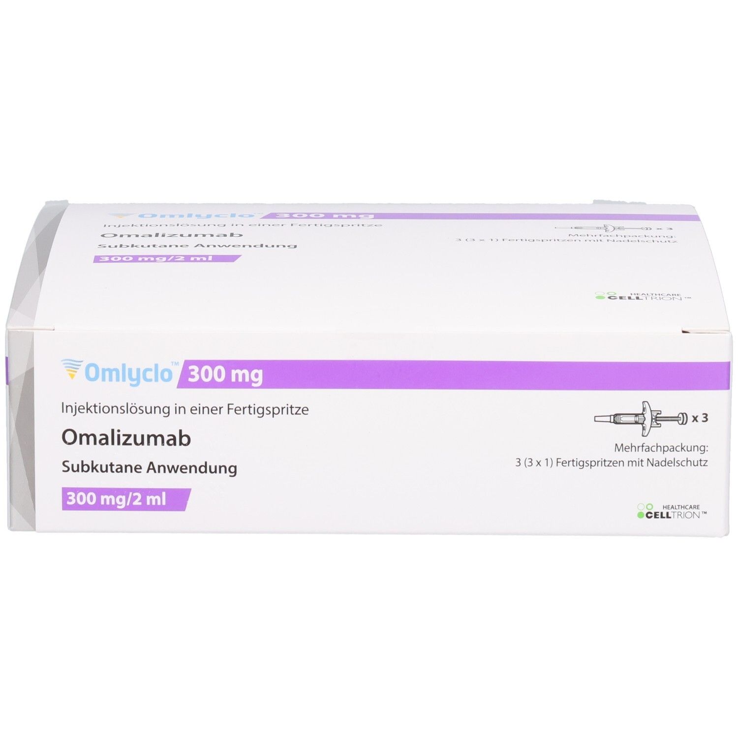 OMLYCLO 300 mg Injektionslösung in Fertigspritze. Weiße Schachtel mit lila Akzenten. Produktname und Dosierung.
