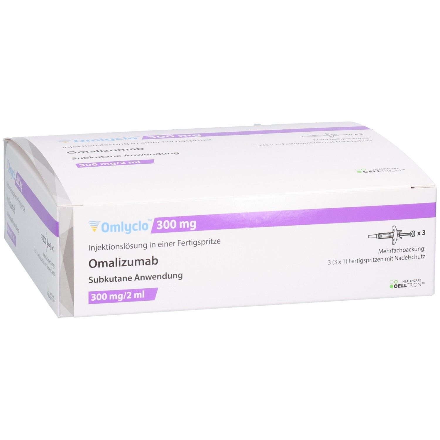 OMLYCLO 300 mg Injektionslösung in Fertigspritze. Weiße Schachtel mit lila Akzenten. Produktname und Dosierung.