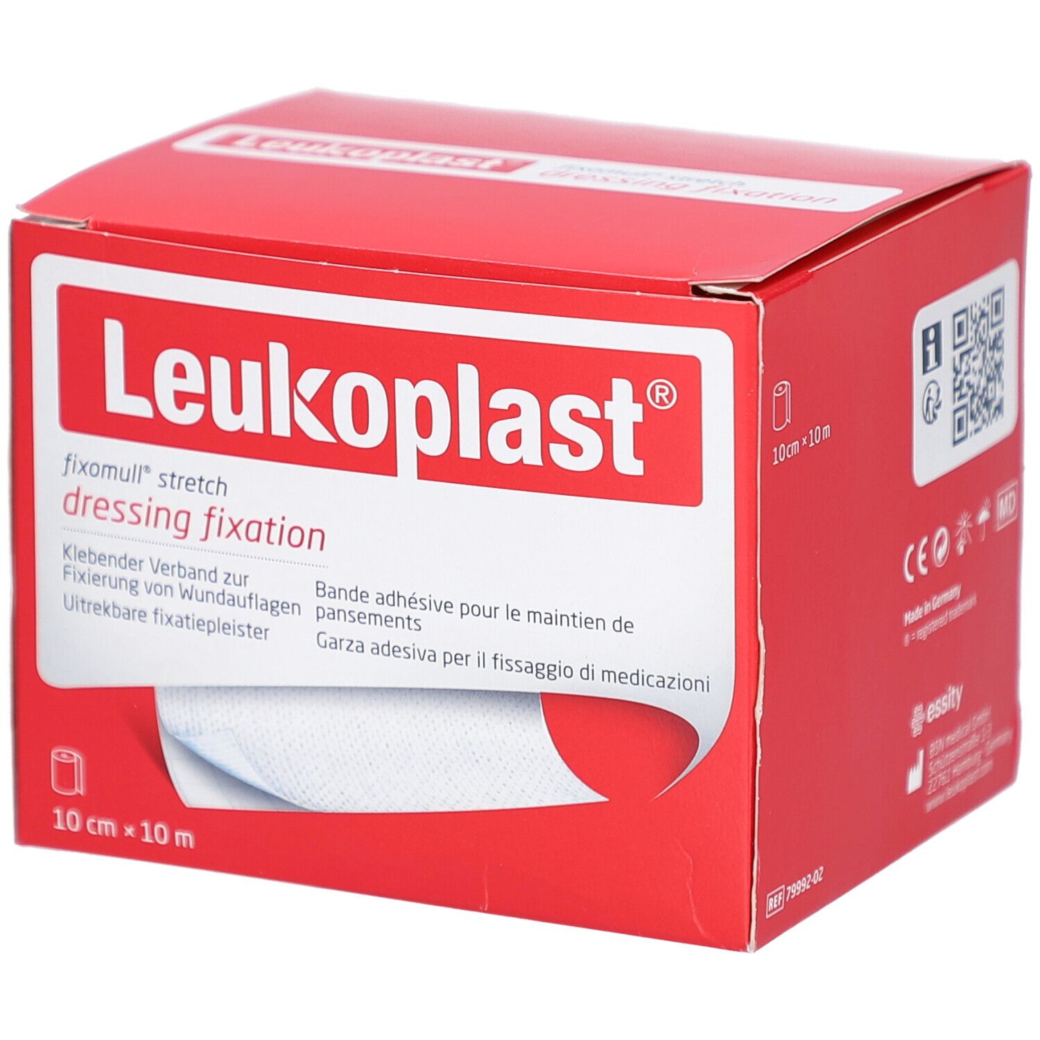 Rote Verpackung von Leukoplast® fixomull® stretch. Enthält 10 cm x 10 m Verband. Sichtbar ist ein Stück Verband.