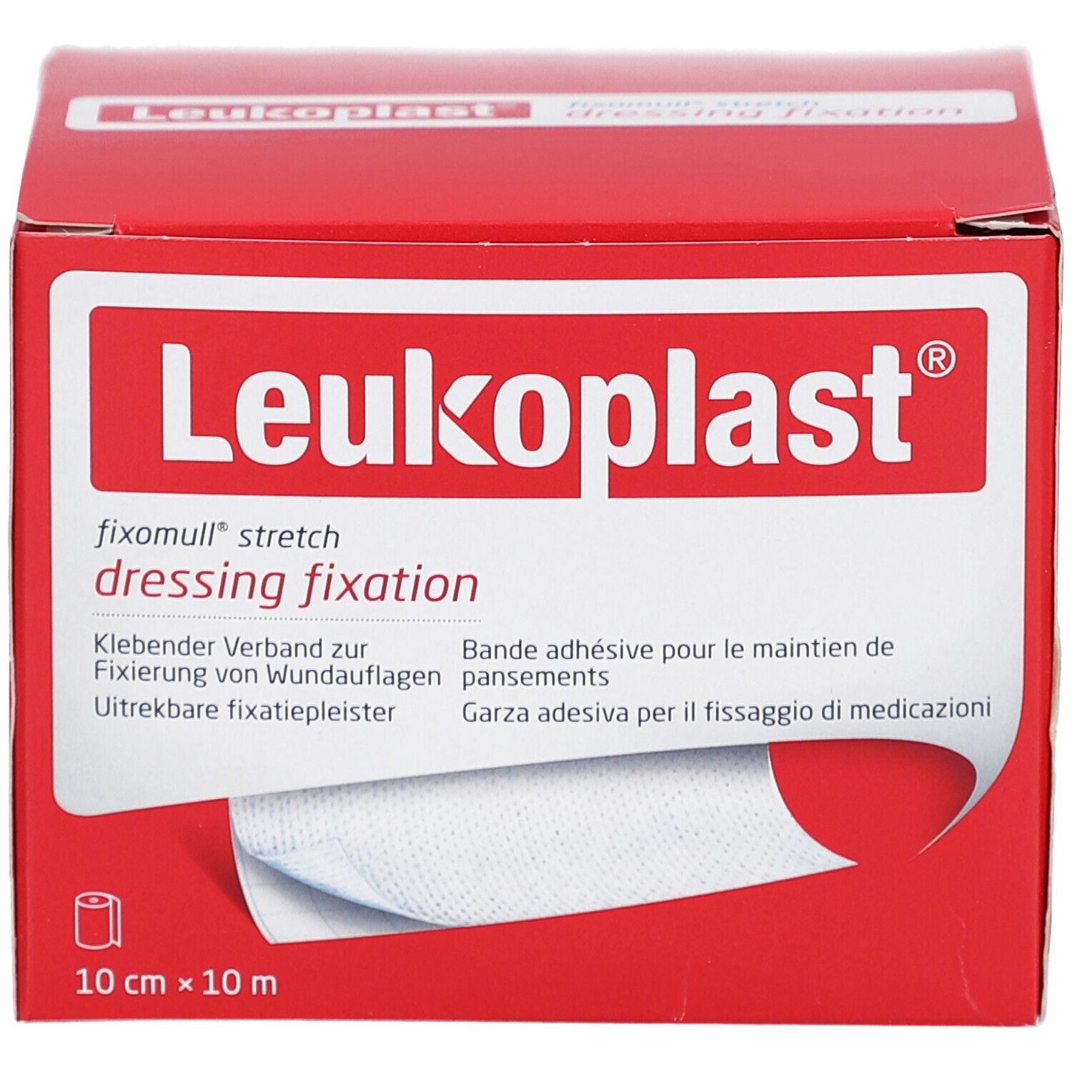 Rote Verpackung von Leukoplast® fixomull® stretch. Enthält 10 cm x 10 m Verband. Sichtbar ist ein Stück Verband.