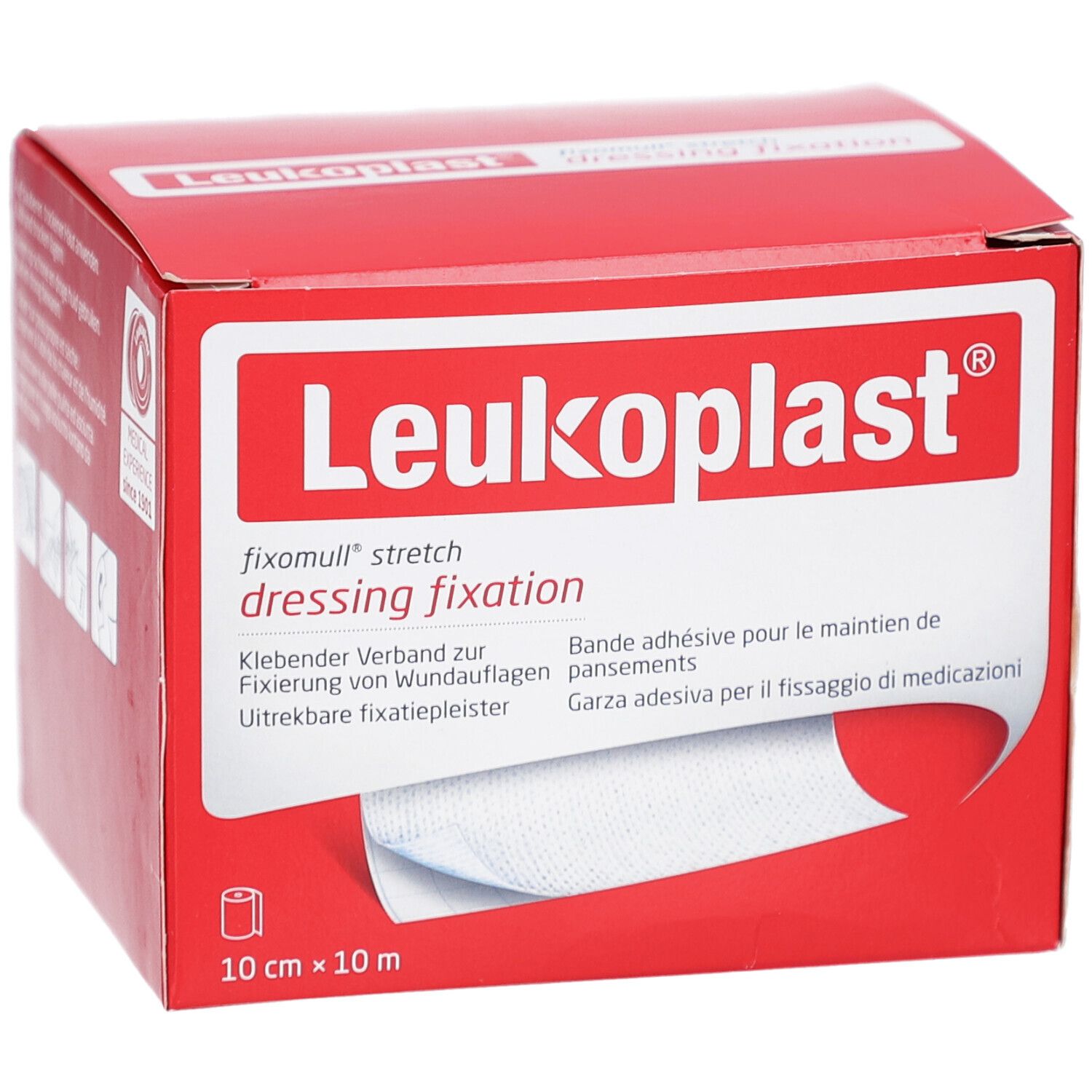 Rote Verpackung von Leukoplast® fixomull® stretch. Enthält 10 cm x 10 m Verband. Sichtbar ist ein Stück Verband.