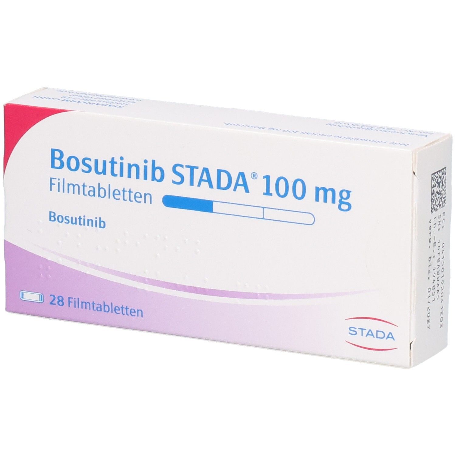 Schachtel mit Bosutinib STADA 100 mg Filmtabletten. Aufschrift: 28 Filmtabletten. STADA Logo.
