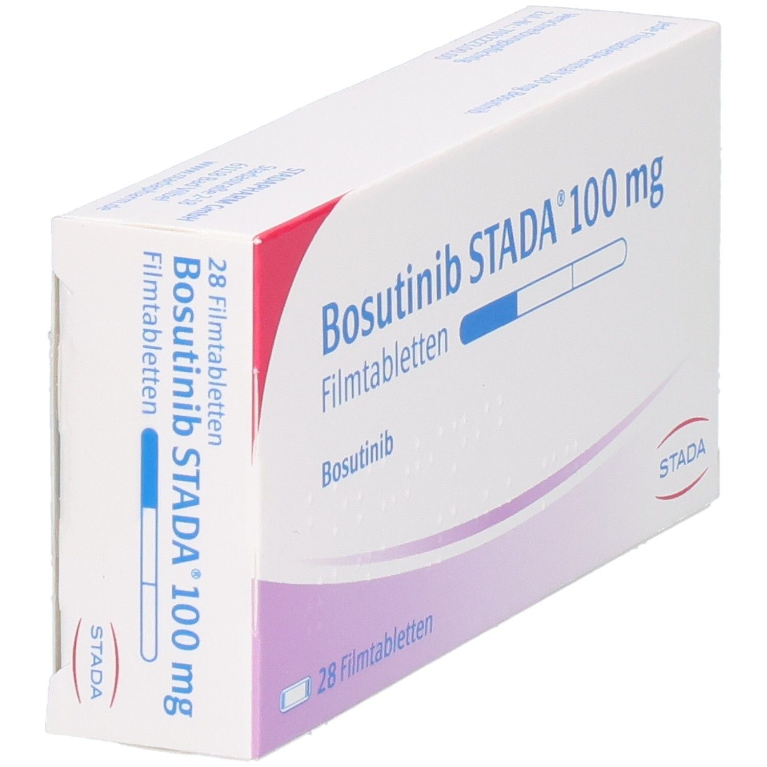 Schachtel mit Bosutinib STADA 100 mg Filmtabletten. Aufschrift: 28 Filmtabletten. STADA Logo.