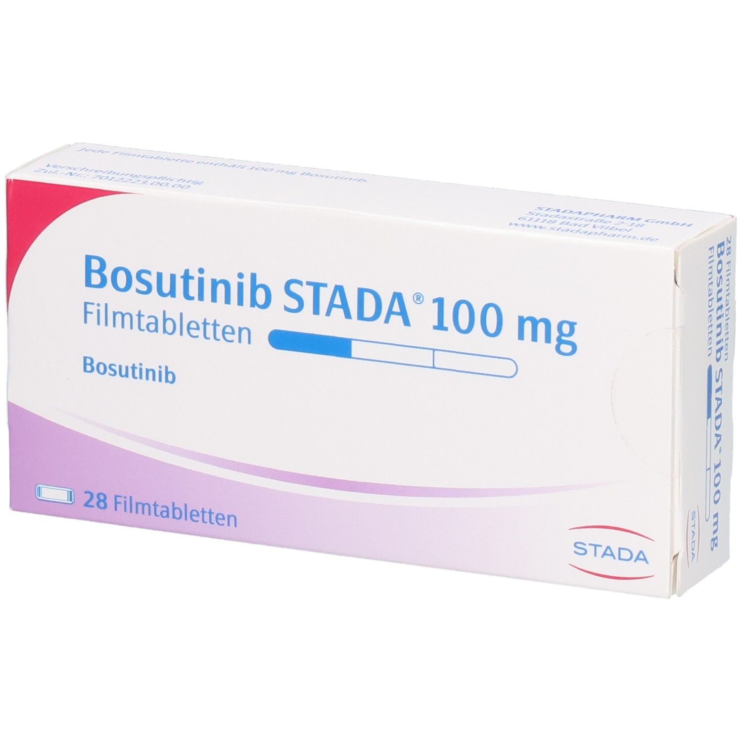 Schachtel mit Bosutinib STADA 100 mg Filmtabletten. Aufschrift: 28 Filmtabletten. STADA Logo.