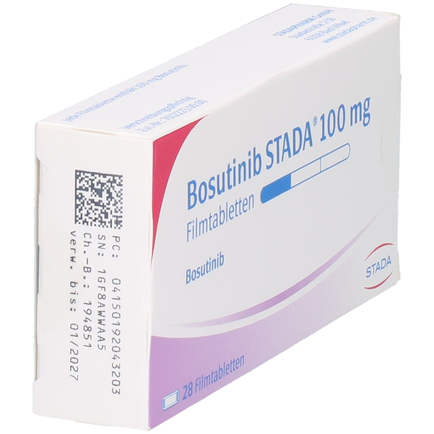 Schachtel mit Bosutinib STADA 100 mg Filmtabletten. Aufschrift: 28 Filmtabletten. STADA Logo.
