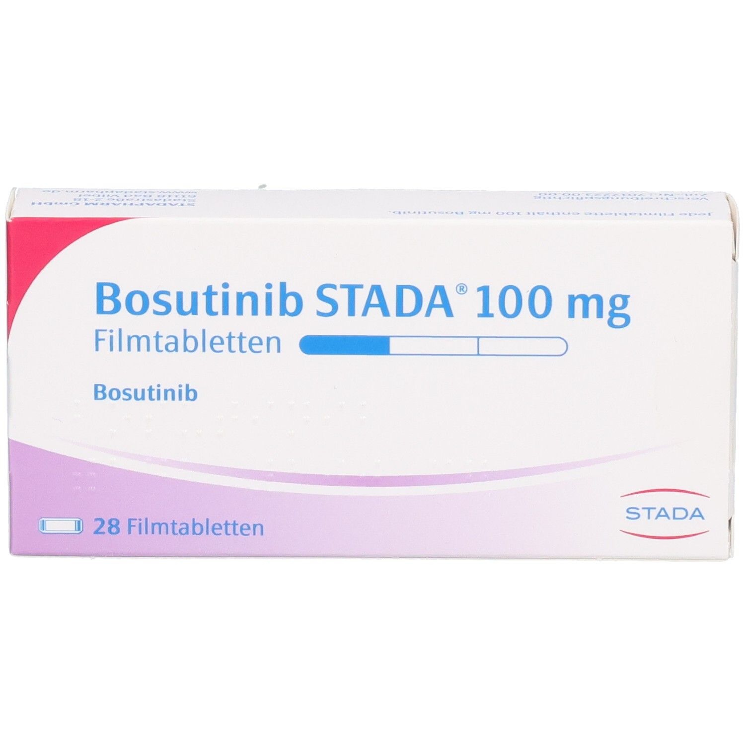 Schachtel mit Bosutinib STADA 100 mg Filmtabletten. Aufschrift: 28 Filmtabletten. STADA Logo.