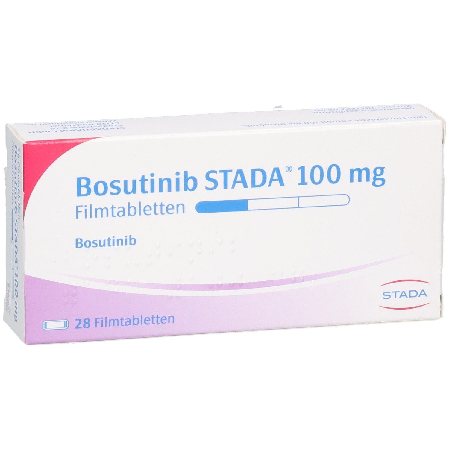 Schachtel mit Bosutinib STADA 100 mg Filmtabletten. Aufschrift: 28 Filmtabletten. STADA Logo.