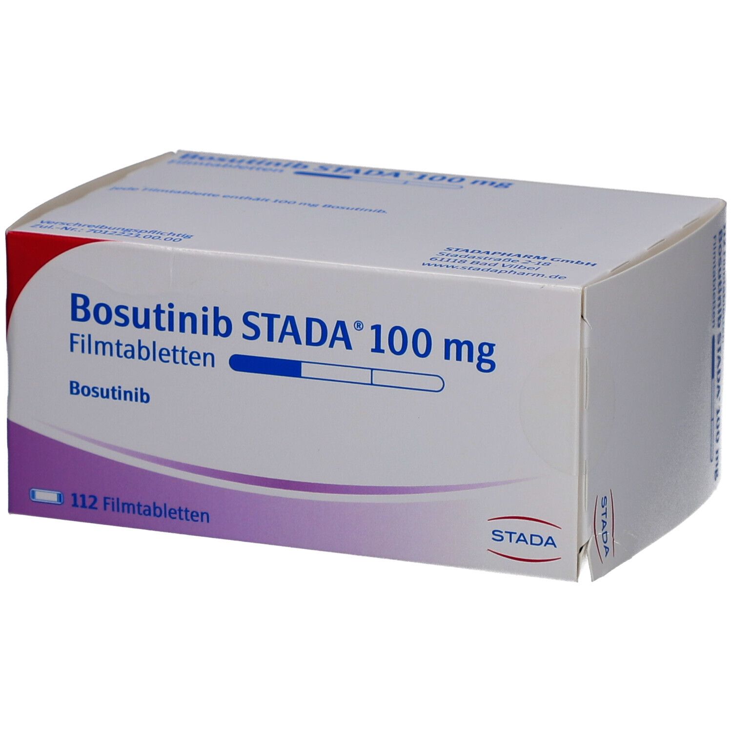 Bosutinib STADA 100 mg Filmtabletten-Packung. Weiße Schachtel mit lila und rotem Akzent. Beschriftung: 112 Filmtabletten.