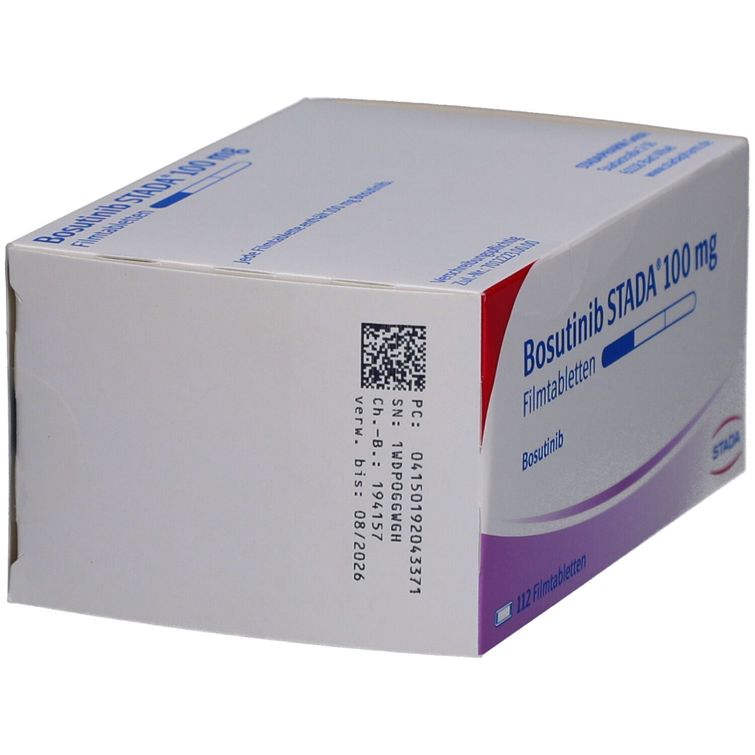 Bosutinib STADA 100 mg Filmtabletten-Packung. Weiße Schachtel mit Barcode und Chargennummer. Beschriftung: 112 Filmtabletten.