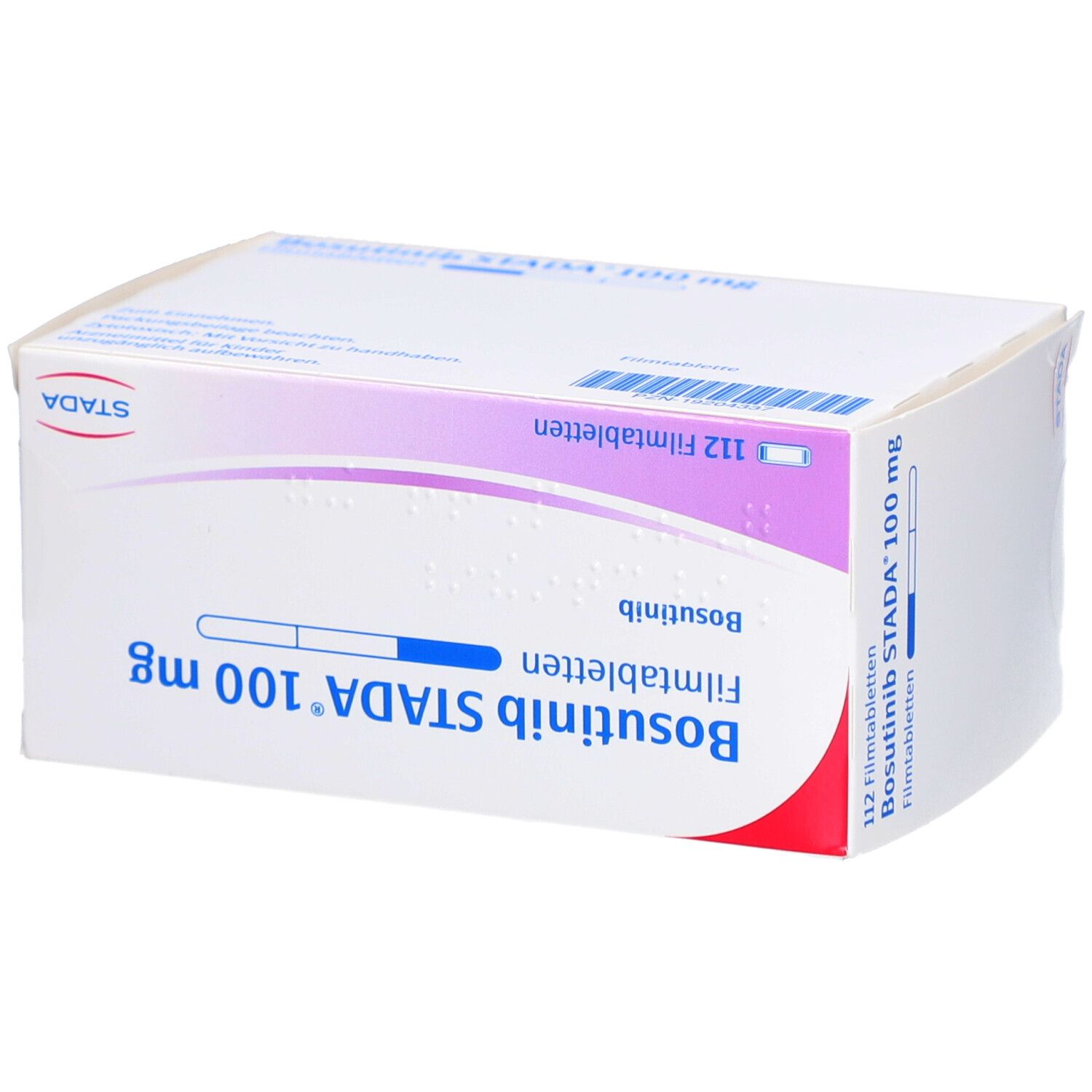 Bosutinib STADA 100 mg Filmtabletten-Packung. Weiße Schachtel mit lila und rotem Akzent. Beschriftung: 112 Filmtabletten.