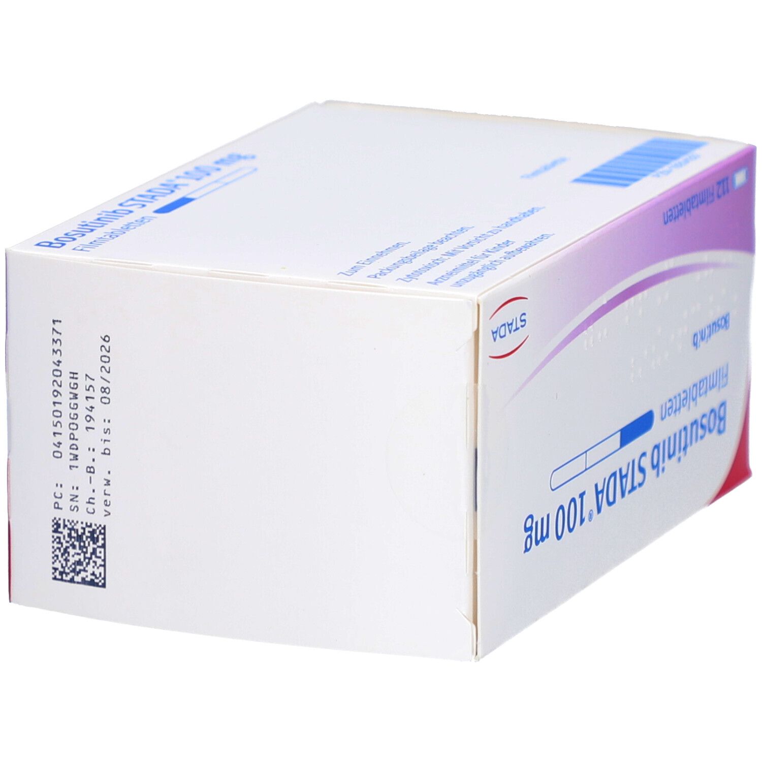 Bosutinib STADA 100 mg Filmtabletten-Packung. Weiße Schachtel mit Barcode und Chargennummer. Beschriftung: 112 Filmtabletten.