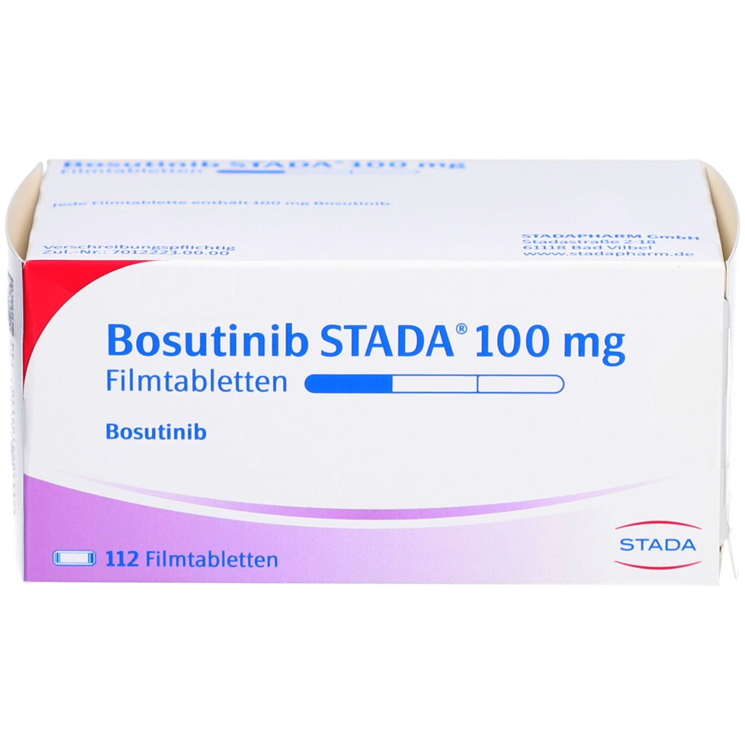 Bosutinib STADA 100 mg Filmtabletten-Packung. Weiße Schachtel mit lila und rotem Akzent. Beschriftung: 112 Filmtabletten.