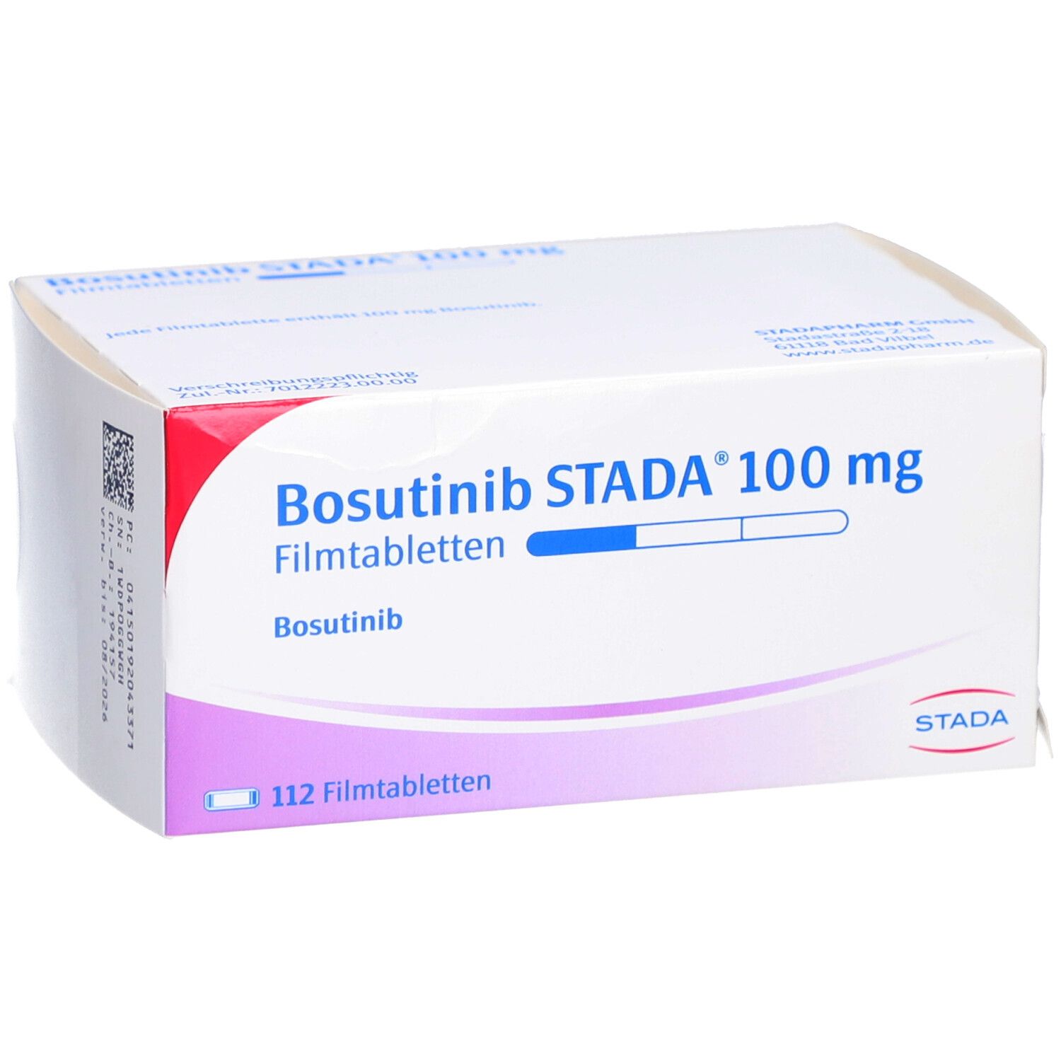 Bosutinib STADA 100 mg Filmtabletten-Packung. Weiße Schachtel mit lila und rotem Akzent. Beschriftung: 112 Filmtabletten.